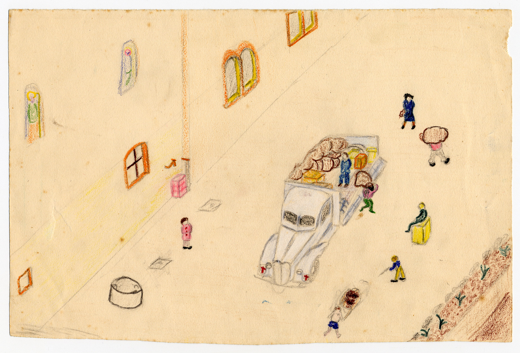 Color child's drawing of a truck delivering food supplies created by a child in Chateau de la Hille.