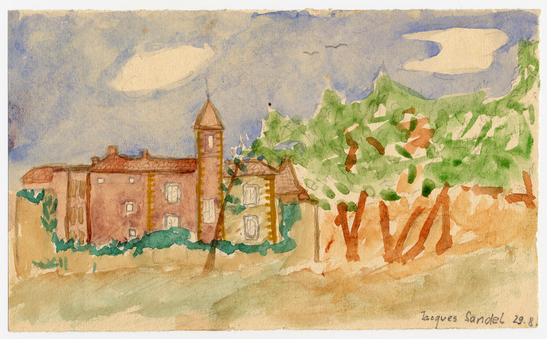 Color child's watercolor of an exterior view of Chateau de la Hille signed by Jacques Sandel.