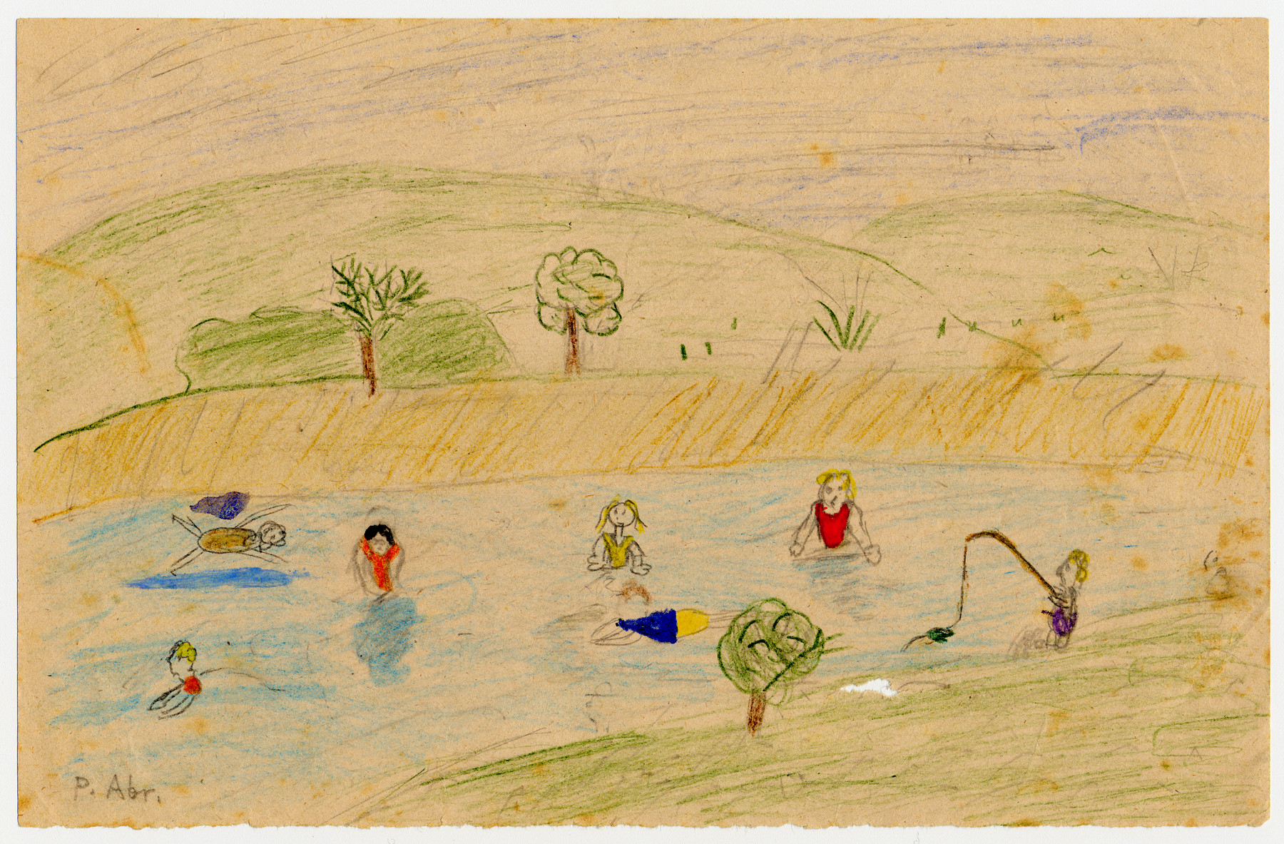 A child's drawing of children going swimming and fishing created by a child in Chateau de la Hille.