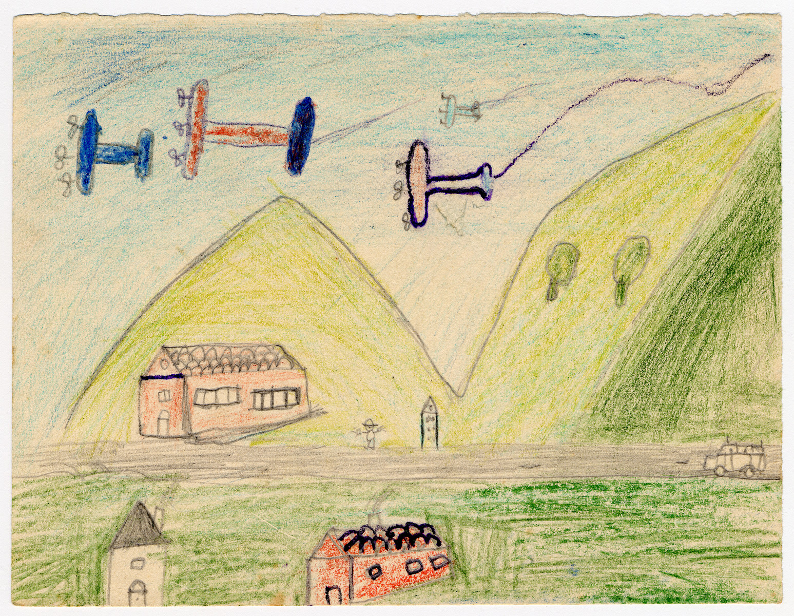 Color child's drawing of several warplanes flying over the countryside near Chateau de la Hille.