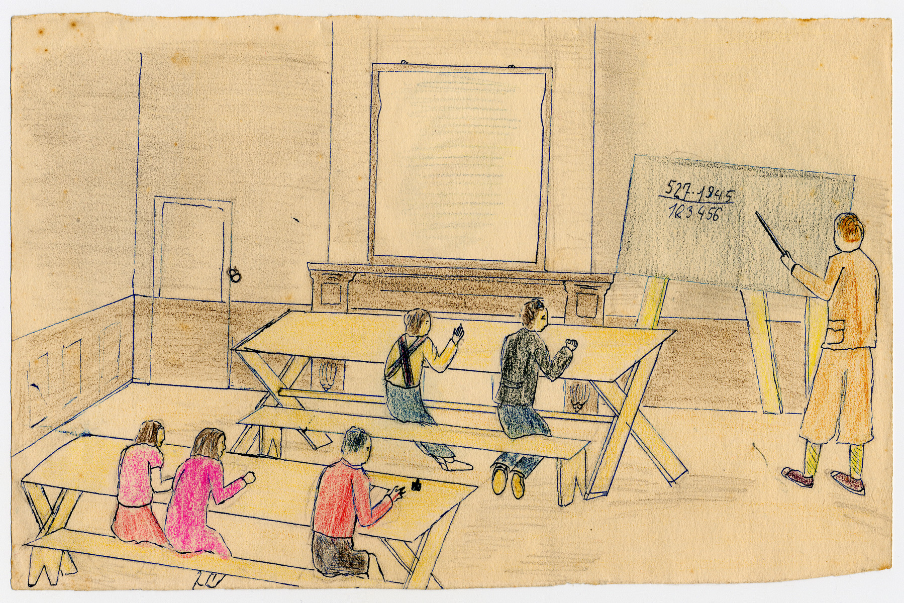 Color child's drawing of a schoolroom drawn by a child in Chateau de la Hille.
