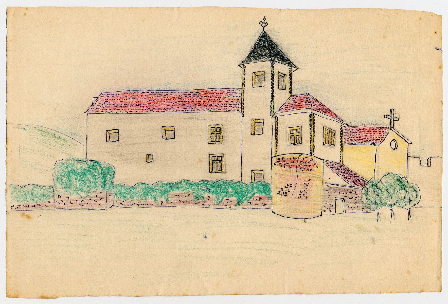 Color child's drawing of the exterior view of a church created by a child in Chateau de la Hille.