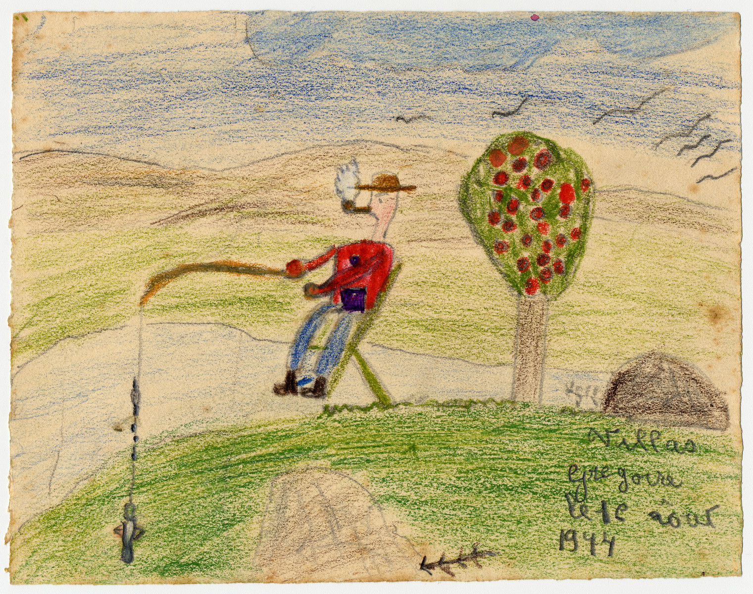A child's drawing of a man going fishing created by a child in Chateau de la Hille.