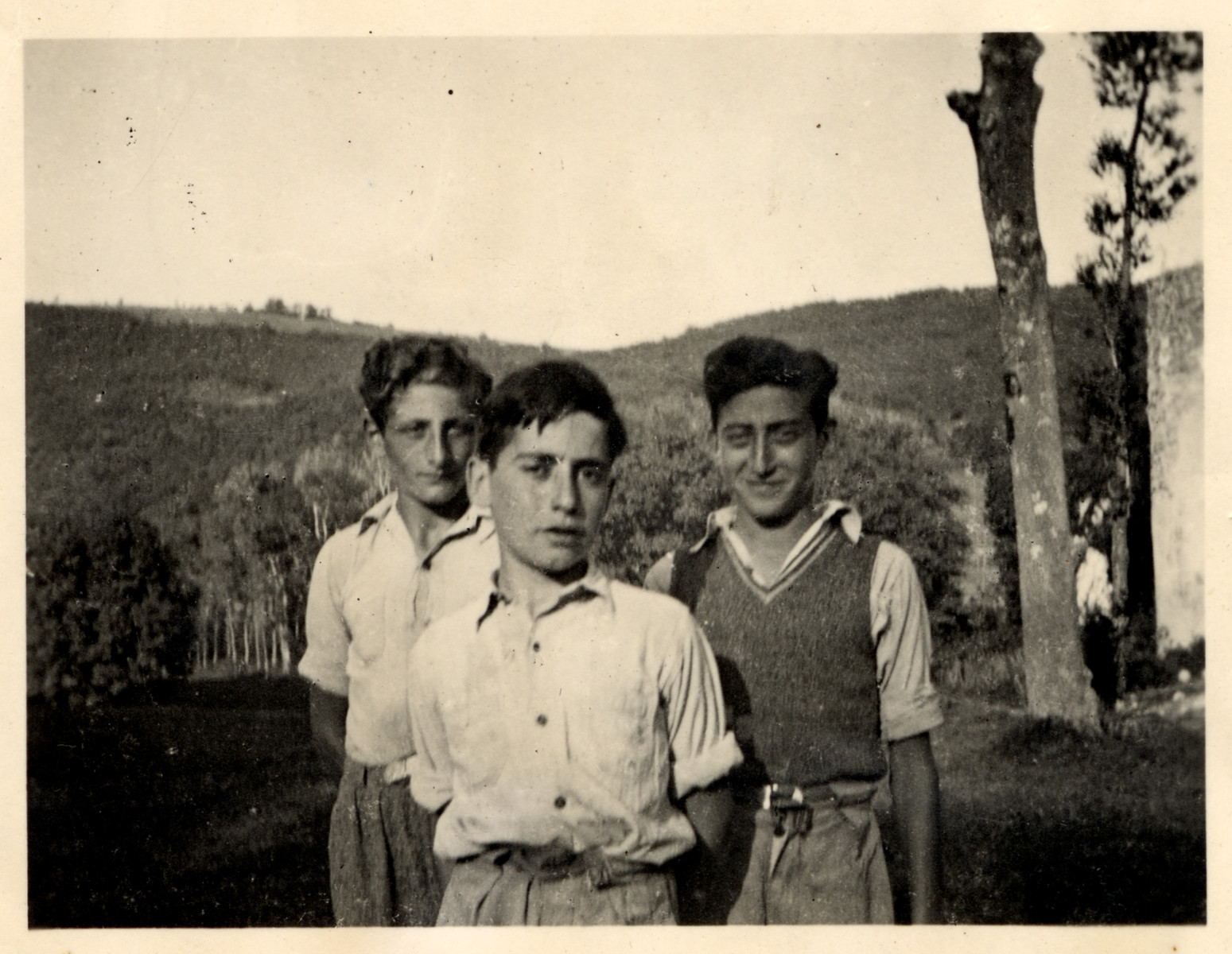 Three young men pose for a photograph at the children's home of Chateau de la Hille, two years prior to joining the resistence

Pictured left: Rudi Oehlbaum, Egon Berlin and Joseph Dortort. All three joined the French Maquis resistance fighters in 1944 at age 16 and fought in a battle at Roquefixade in July 1944. Egon and 16 young French fighters were killed in this battle. Oehlbaum and Dortort survived the war.