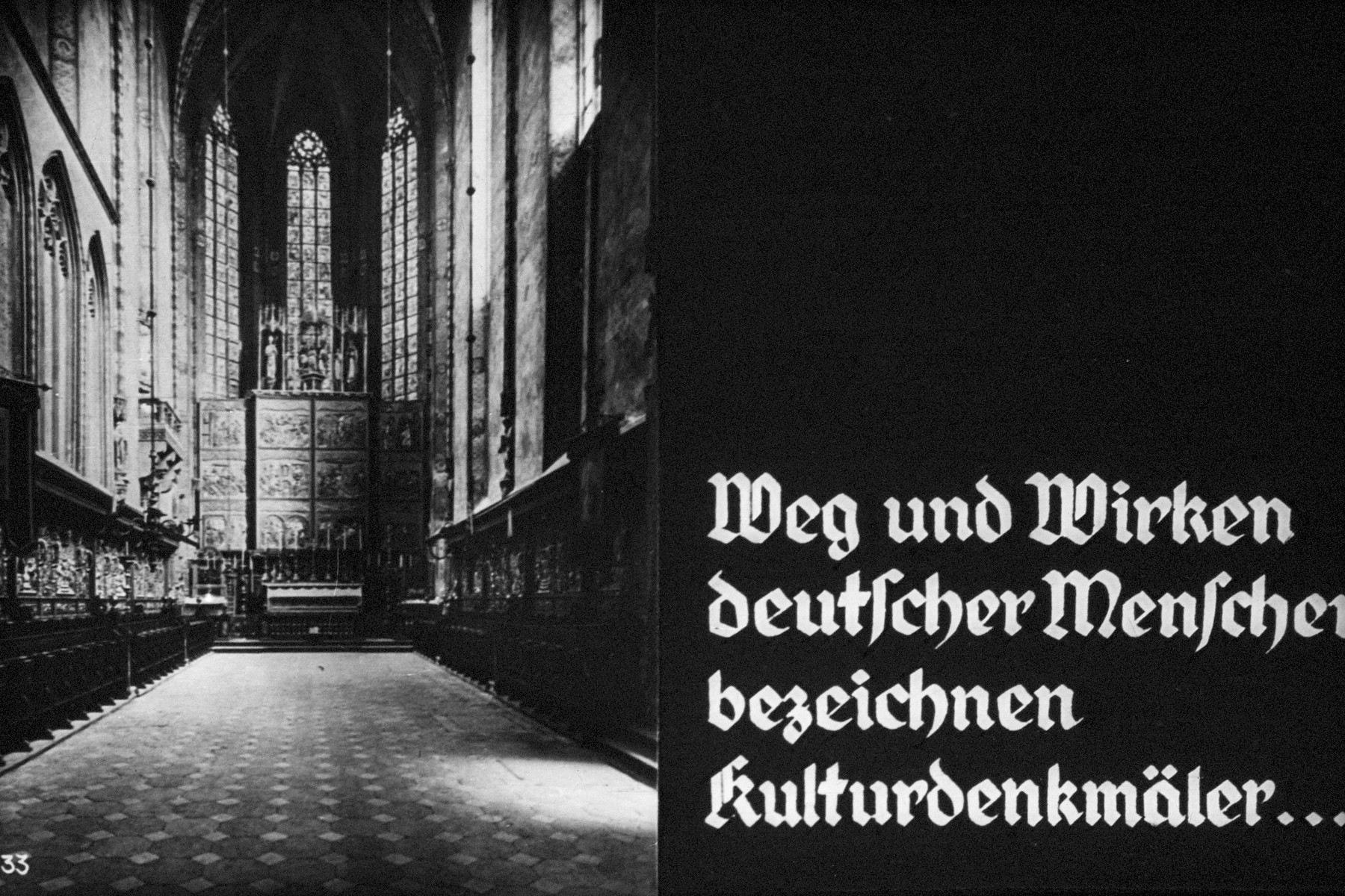 33th Nazi propaganda slide of a Hitler Youth educational presentation entitled "German Achievements in the East" (G 2)

Weg und Wirken deutscher Menscher bezeichnen kulturdenkmäler...
//
Way and work of German people describe cultural monuments...