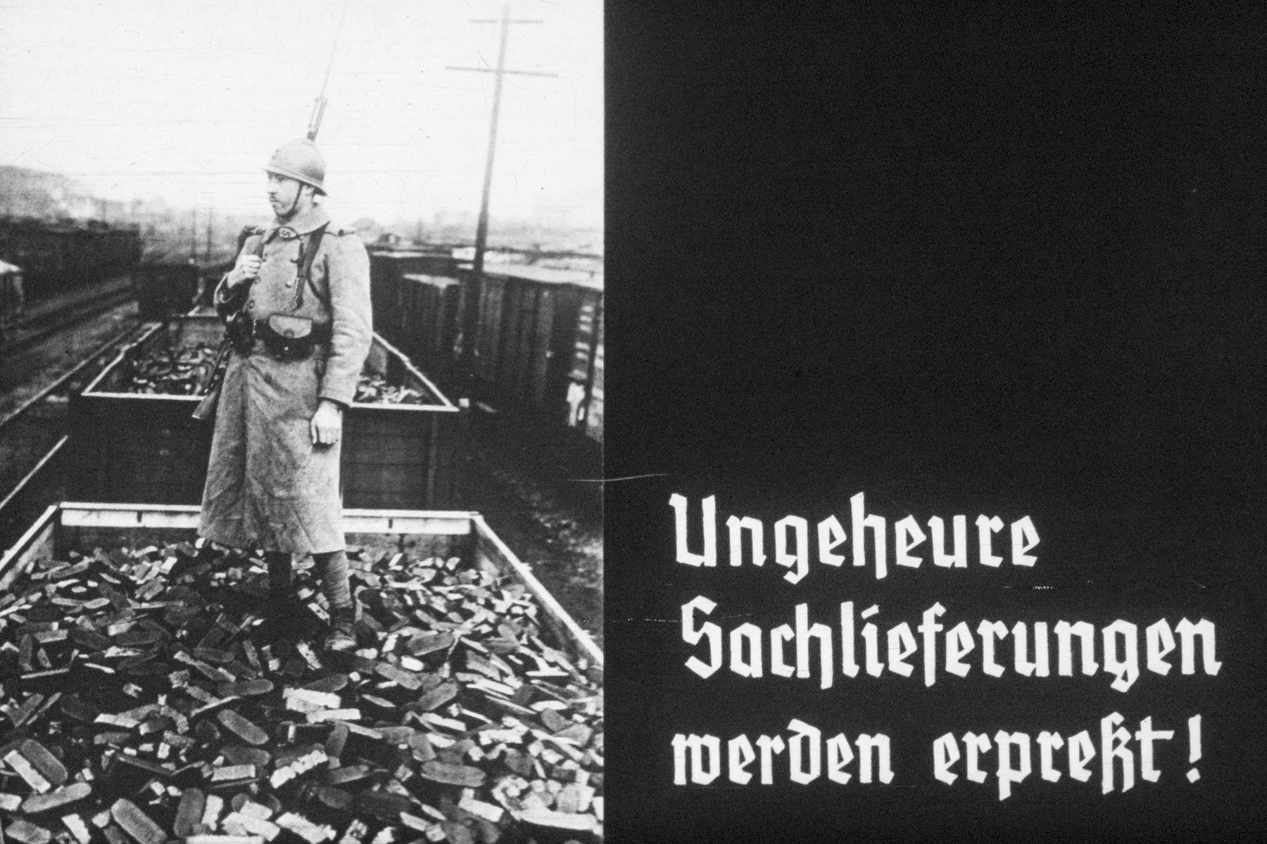 24th slide from a Hitler Youth slideshow about the aftermath of WWI, Versailles, how it was overcome and the rise of Nazism.

Ungeheure Sachlieferungen werden erpresst!
//
Sachlieferungen are being blackmailed!