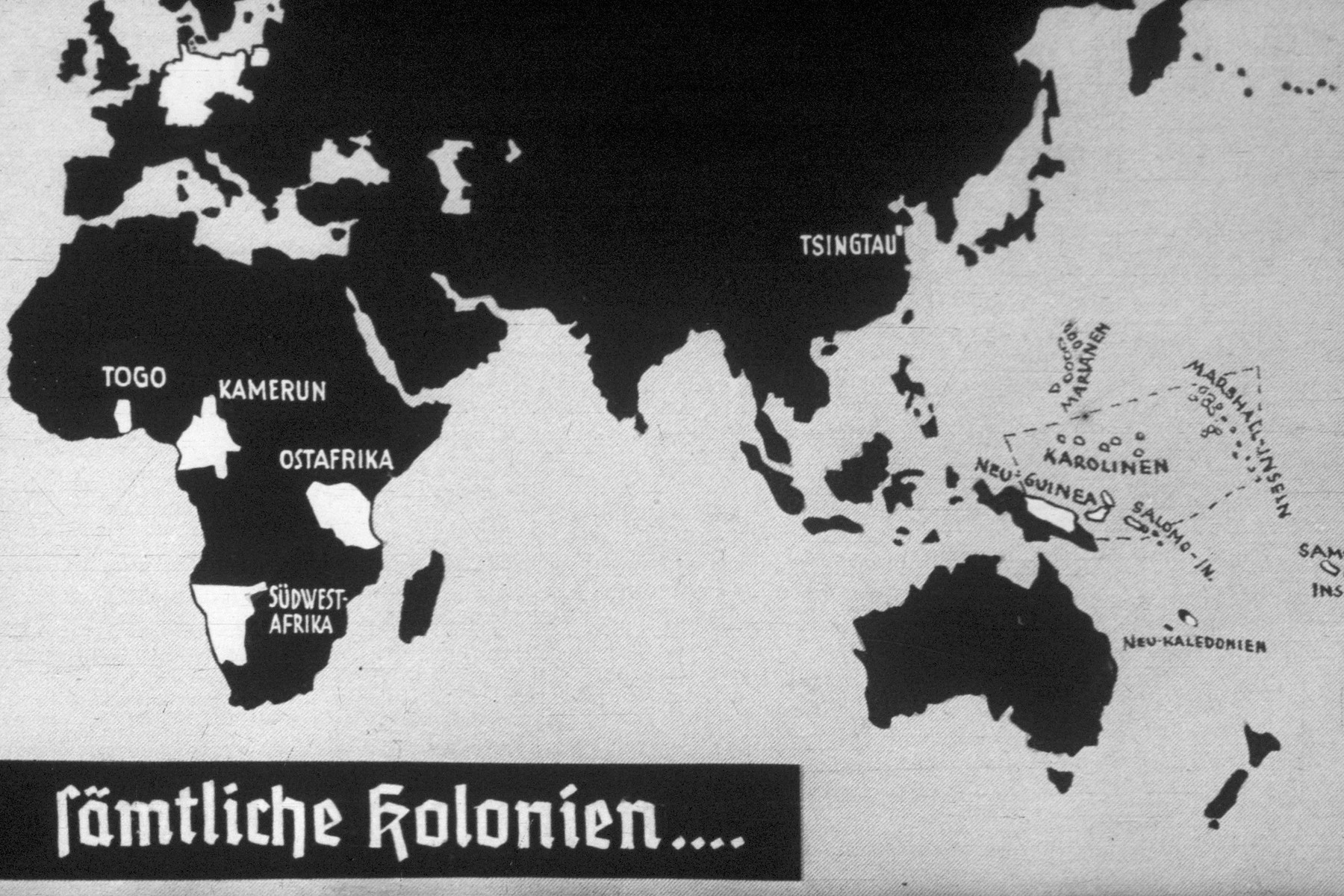 31th slide from a Hitler Youth slideshow about the aftermath of WWI, Versailles, how it was overcome and the rise of Nazism.

sämtliche kolonien...
//
all the colonies