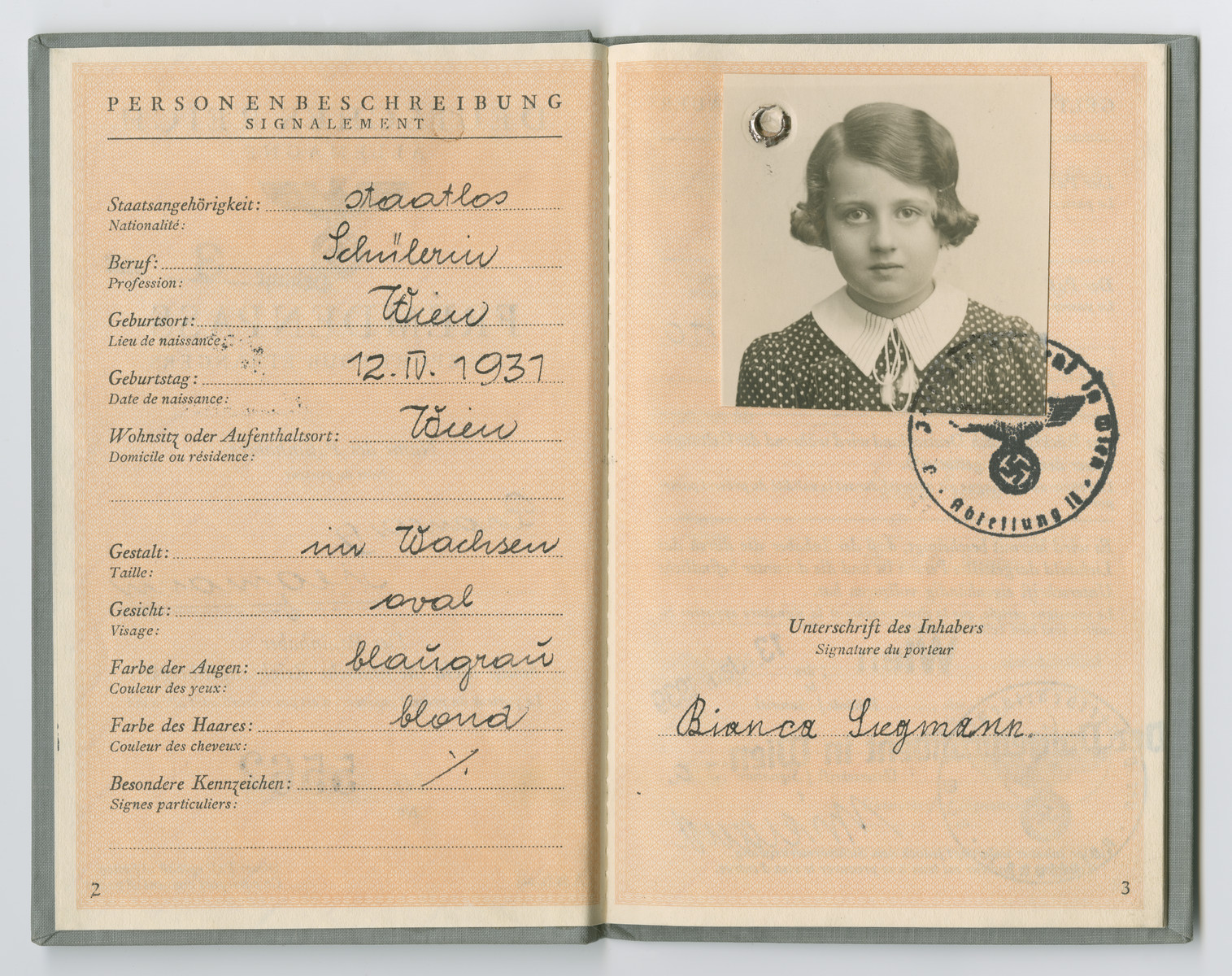 Identification papers issued to Bianca Siegmann stating she was born in Vienna on April 12, 1931 but is officially stateless.
