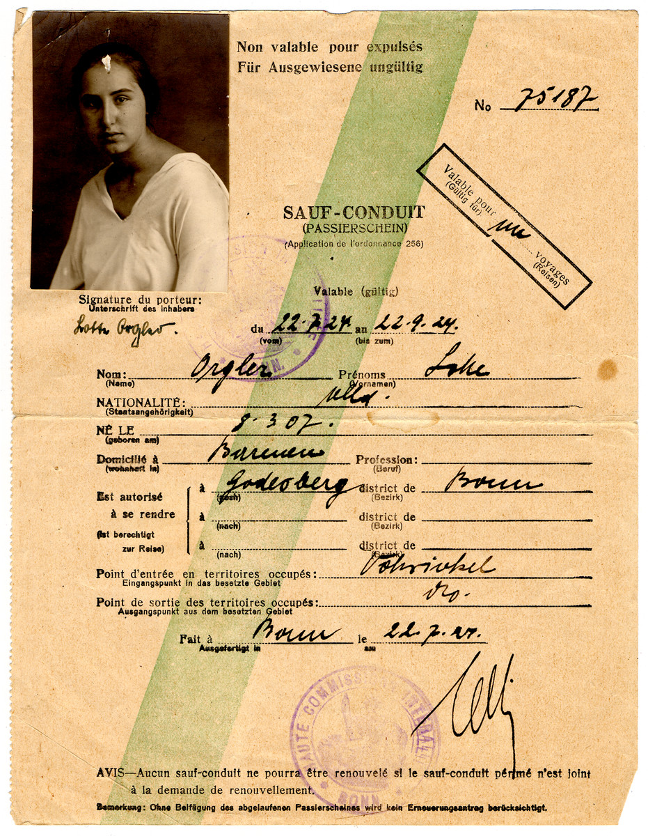 Prewar safe conduct pass issued to Lotte Orgler to serve as a passport for foreign travel.