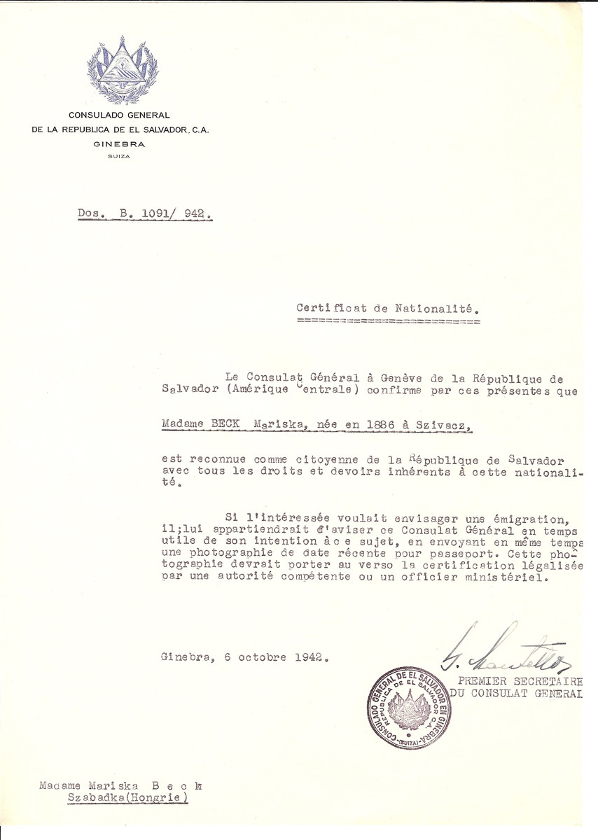 Unauthorized Salvadoran citizenship certificate issued to Mariska Beck (b. 1886 in Szivacz) by George Mandel-Mantello, First Secretary of the Salvadoran Consulate in Switzerland and sent to her residence in Subotica.