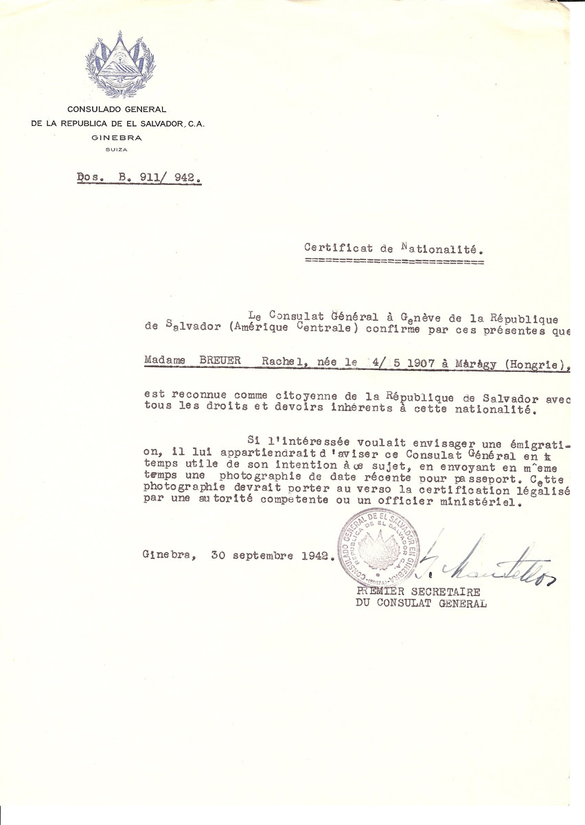 Unauthorized Salvadoran citizenship certificate issued to Rachel Breuer (b. May 4, 1907 in Maragy) by George Mandel-Mantello, First Secretary of the Salvadoran Consulate in Switzerland.