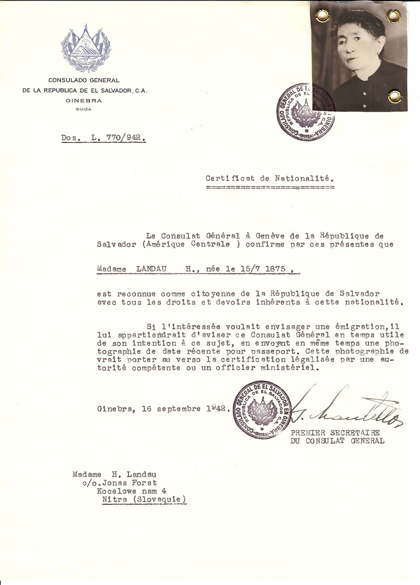 Unauthorized Salvadoran citizenship certificate issued to H. Landau (b. 07/15/1875) by George Mandel-Mantello, First Secretary of the Salvadoran Consulate in Switzerland.

The certificate was sent to her residence at Kocelowe Nam 4, Nitra.