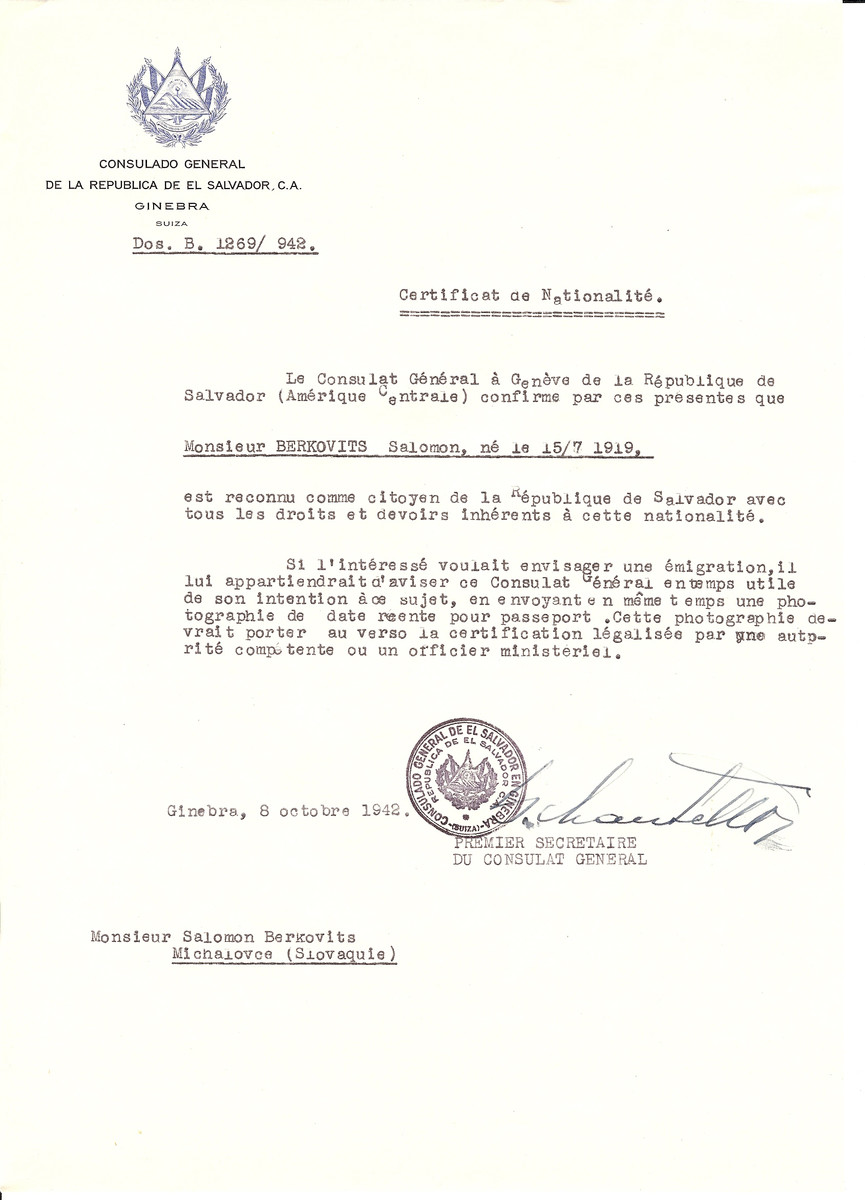 Unauthorized Salvadoran citizenship certificate issued to Salomon Berkovits (b. July 15, 1919) by George Mandel-Mantello, First Secretary of the Salvadoran Consulate in Switzerland. 

The document was mailed to him in Michalovce.