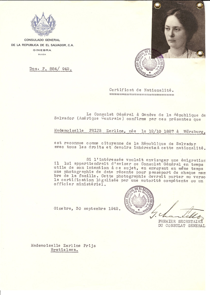 Unauthorized Salvadoran citizenship certificate issued to Zerline Prijs  (b. 10/12/1887 in Wurzburg) by George Mandel-Mantello, First Secretary of the Salvadoran Consulate in Switzerland and sent to her residence in Bratislava.