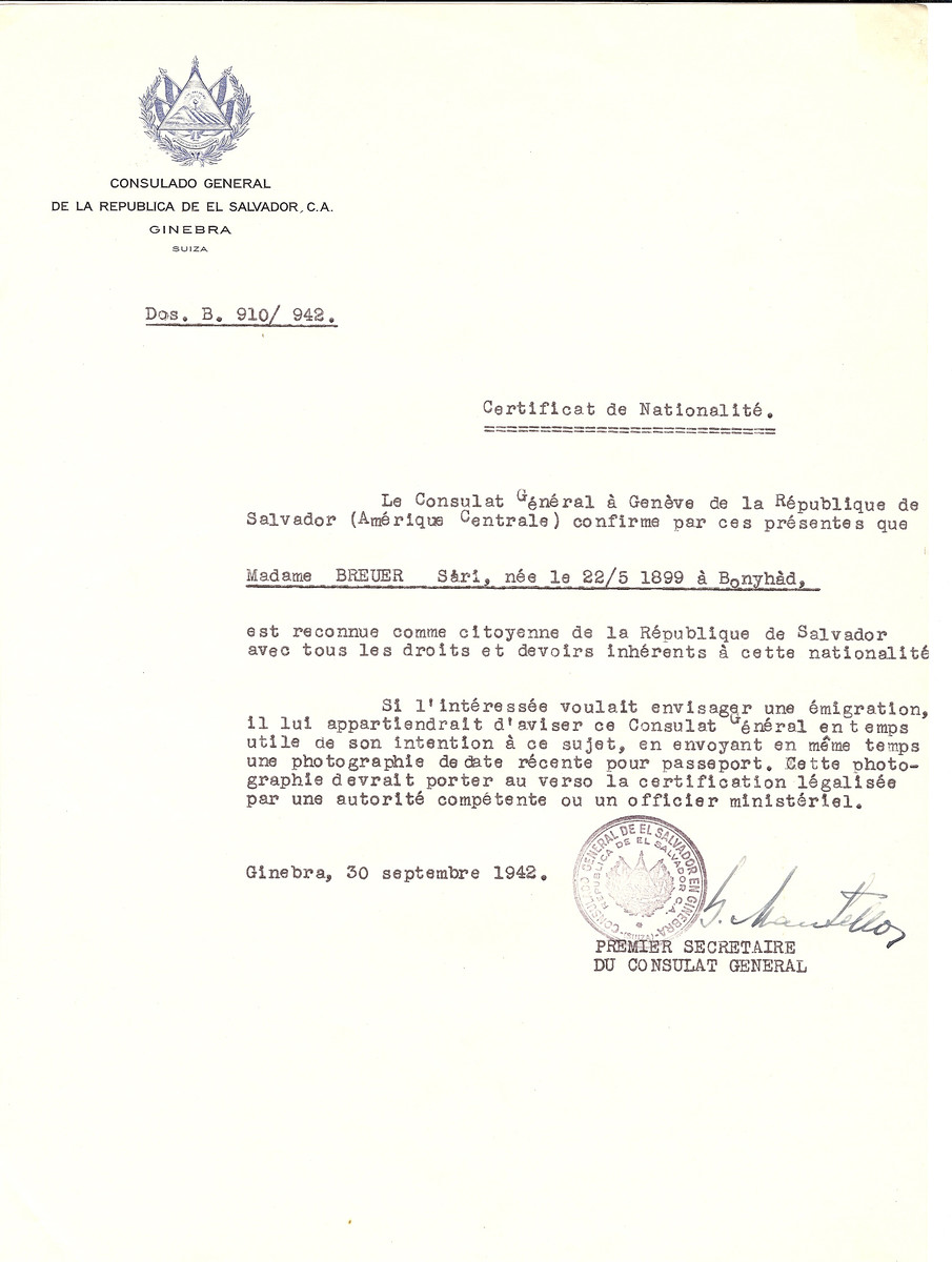Unauthorized Salvadoran citizenship certificate issued to Sari Breuer (b. May 22, 1899 in Bonyhad) by George Mandel-Mantello, First Secretary of the Salvadoran Consulate in Switzerland.