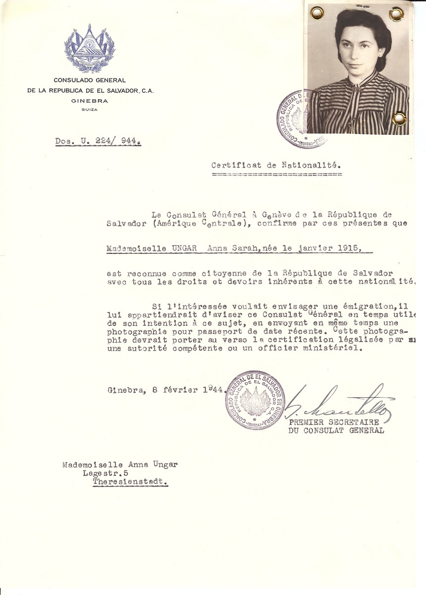 Unauthorized Salvadoran citizenship certificate issued to Anna Sarah Ungar (b. January 1915) by George Mandel-Mantello, First Secretary of the Salvadoran Consulate in Switzerland. 

The document was mailed to the Theresienstadt concentration camp.