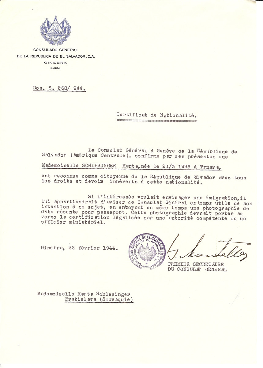 Unauthorized Salvadoran citizenship certificate issued to Marta Schlesinger  (b. 03/21/1923 in Trnava) by George Mandel-Mantello, First Secretary of the Salvadoran Consulate in Switzerland and sent to her residence at Bratislava.