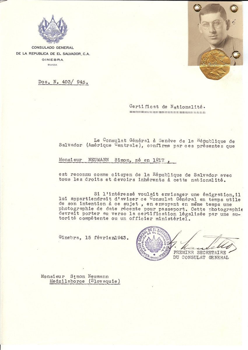 Unauthorized Salvadoran citizenship certificate issued to Simon Neumann (b. 1917), by George Mandel-Mantello, First Secretary of the Salvadoran Consulate in Switzerland and sent to his residence in Medzilaborce.