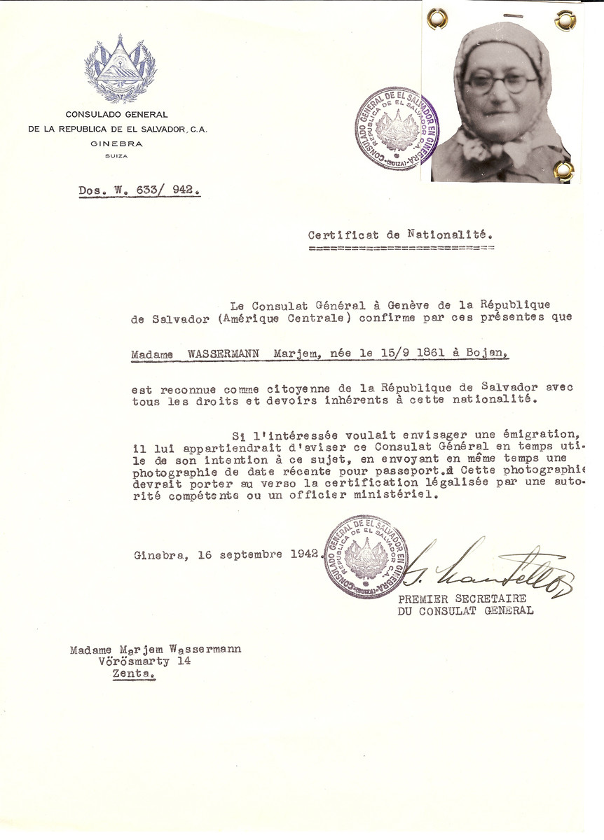 Unauthorized Salvadoran citizenship certificate issued to Marjem Wassermann (b. 09/15/1861 in Boian) by George Mandel-Mantello, First Secretary of the Salvadoran Consulate in Switzerland.

The certificate was sent to her residence at Vorosmarty 14, Senta.