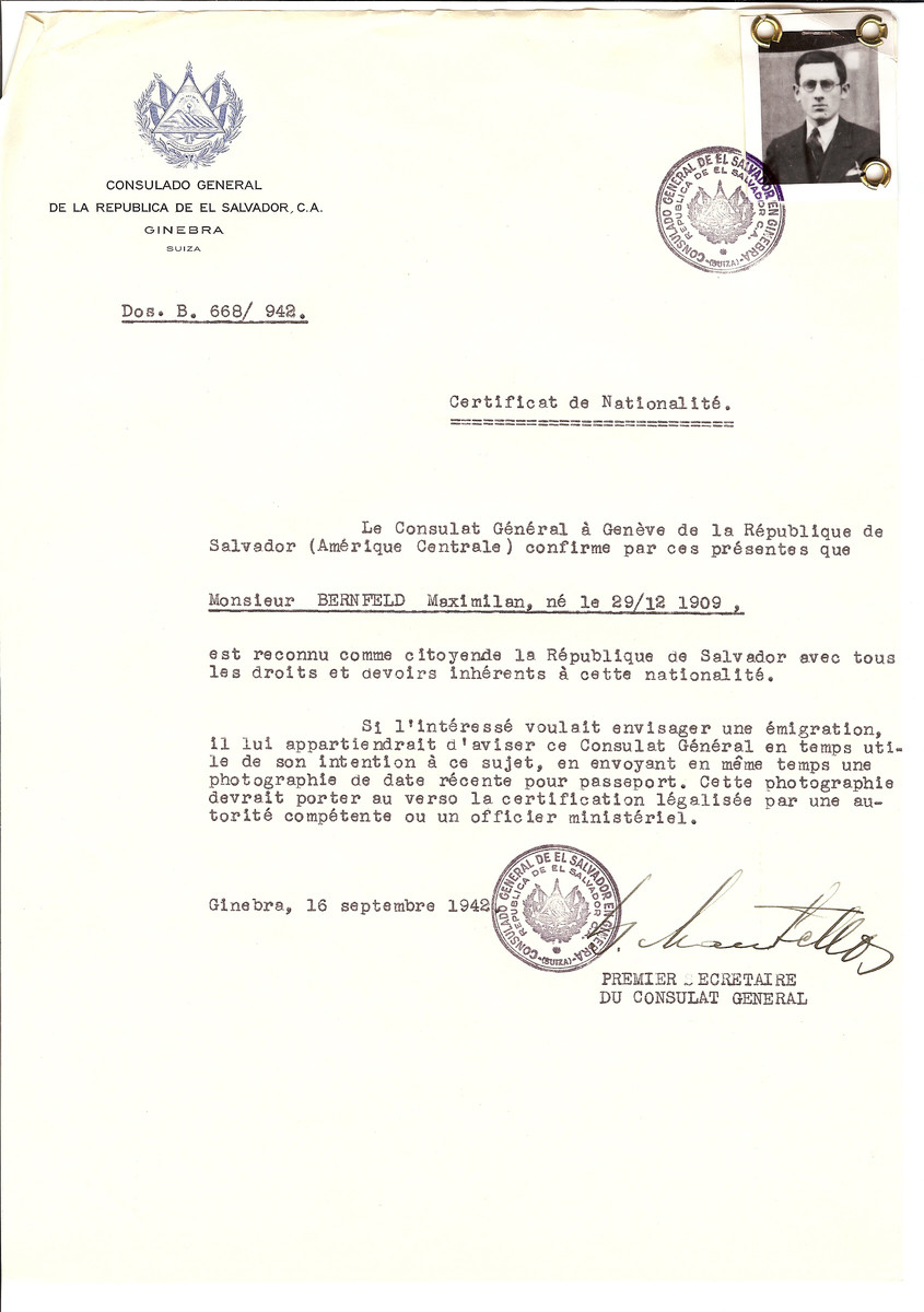 Unauthorized Salvadoran citizenship certificate issued to Maximilian Bernfeld (b. December 29, 1909) by George Mandel-Mantello, First Secretary of the Salvadoran Consulate in Switzerland.