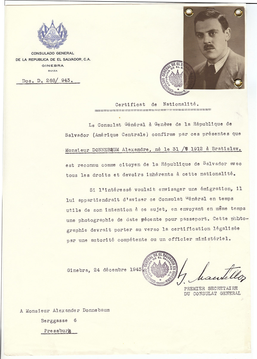 Unauthorized Salvadoran citizenship certificate issued to Alexandre Donnebaum (b. July 31, 1912) by George Mandel-Mantello, First Secretary of the Salvadoran Consulate in Switzerland. 

The certificate was sent to him in his residence in Pressburg.