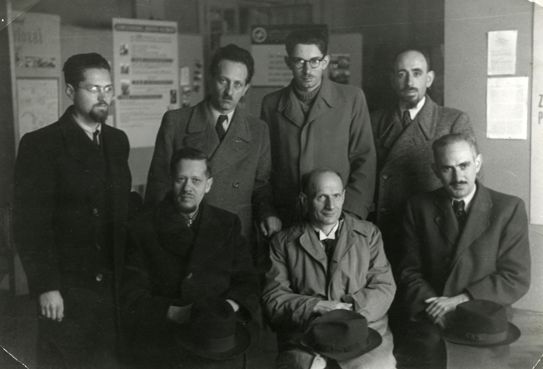 Group portrait of Neolog Rabbis who came to Switzerland on the Kasztner transport to help other Jews to escape.

Pictured are: Top row left to right,  Dr. [Josef] Schindler (Ketchekenet),  Dr. [Adolf] Silberstein (Varschey), Dr. [Odon] Szabo and Dr. Weisz.  Bottom row: Dr. Jeno Frenkel (Szeged), Dr. Protestzult and Dr. [Farkas] Engel (Cegled).