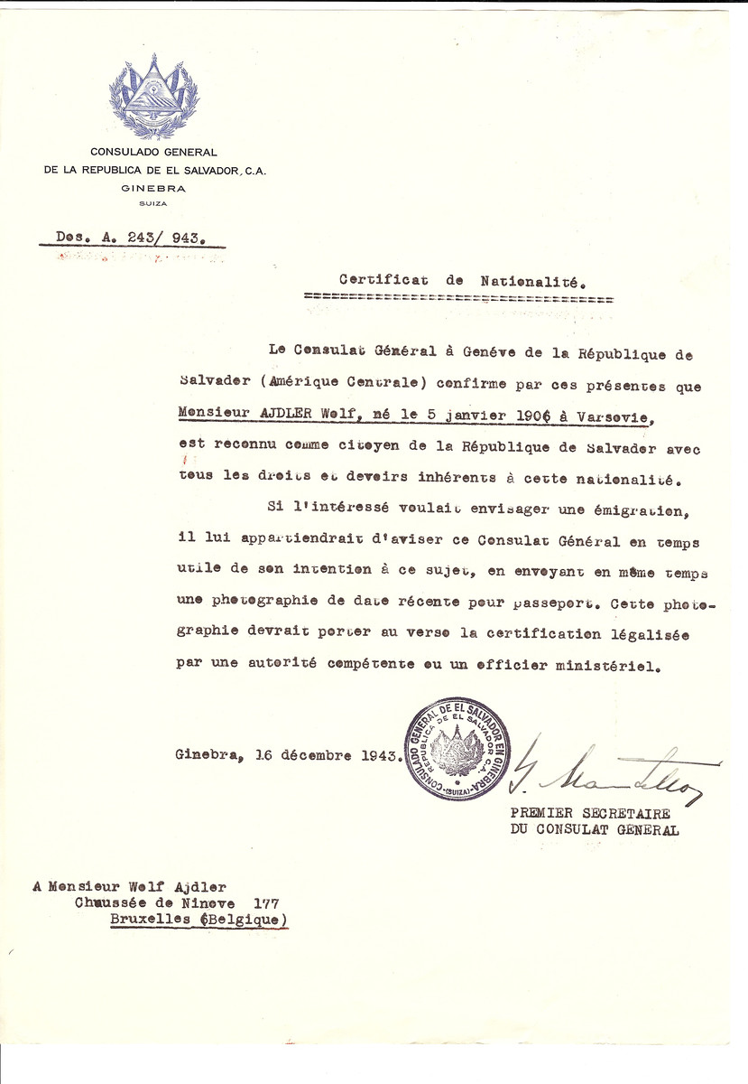 Unauthorized Salvadoran citizenship certificate issued to Wolf Adler (b. January 1906 in Warsaw) by George Mandel-Mantello, First Secretary of the Salvadoran Consulate in Switzerland and sent to his residence in Brussels.