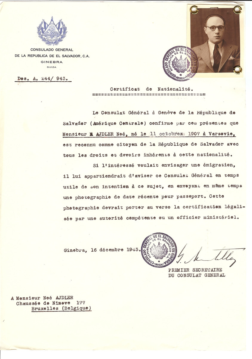 Unauthorized Salvadoran citizenship certificate issued to Noe Adler (b. October 11, 1907 in Warsaw) by George Mandel-Mantello, First Secretary of the Salvadoran Consulate in Switzerland and sent to his residence in Brussels.