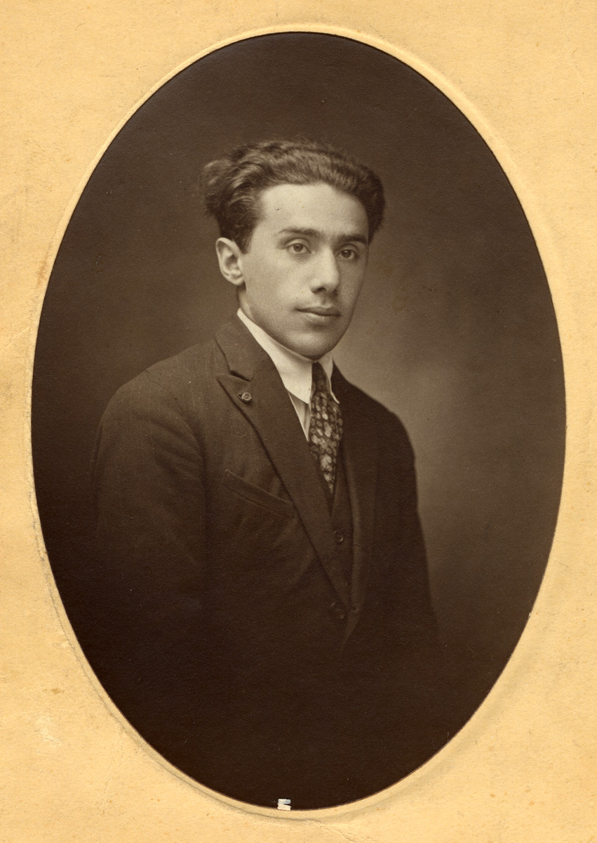 Studio portrait of Rufka (Robert) Remz, a young engineer in Grenoble, France who was born in Eisiskes.

He was the oldest son of Hershel and Stichel Remz and a cousin of the donor's mother.