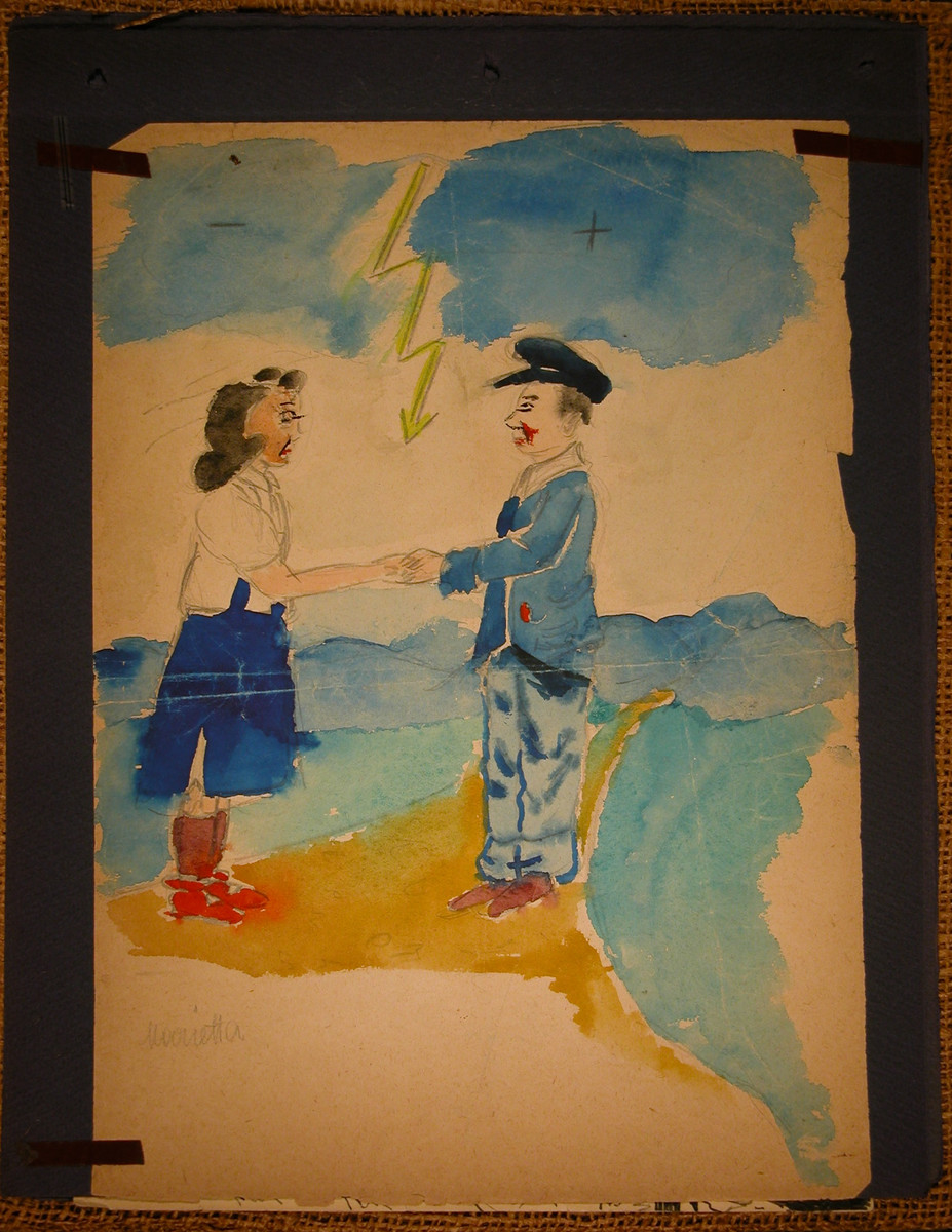 Watercolor of a man and woman shaking hands under a lightning bolt.

This painting was made by Marietta Grunbaum in Theresienstadt and then pasted into an album by her mother shortly after liberation.