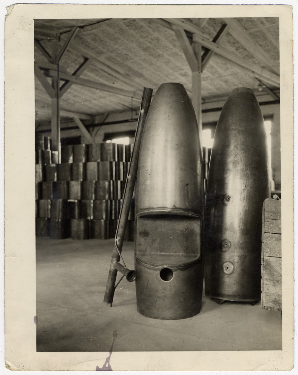 View of the heads of two V-1 or V-II rockets found in the Dora Mittelbau concentration camp after liberation.