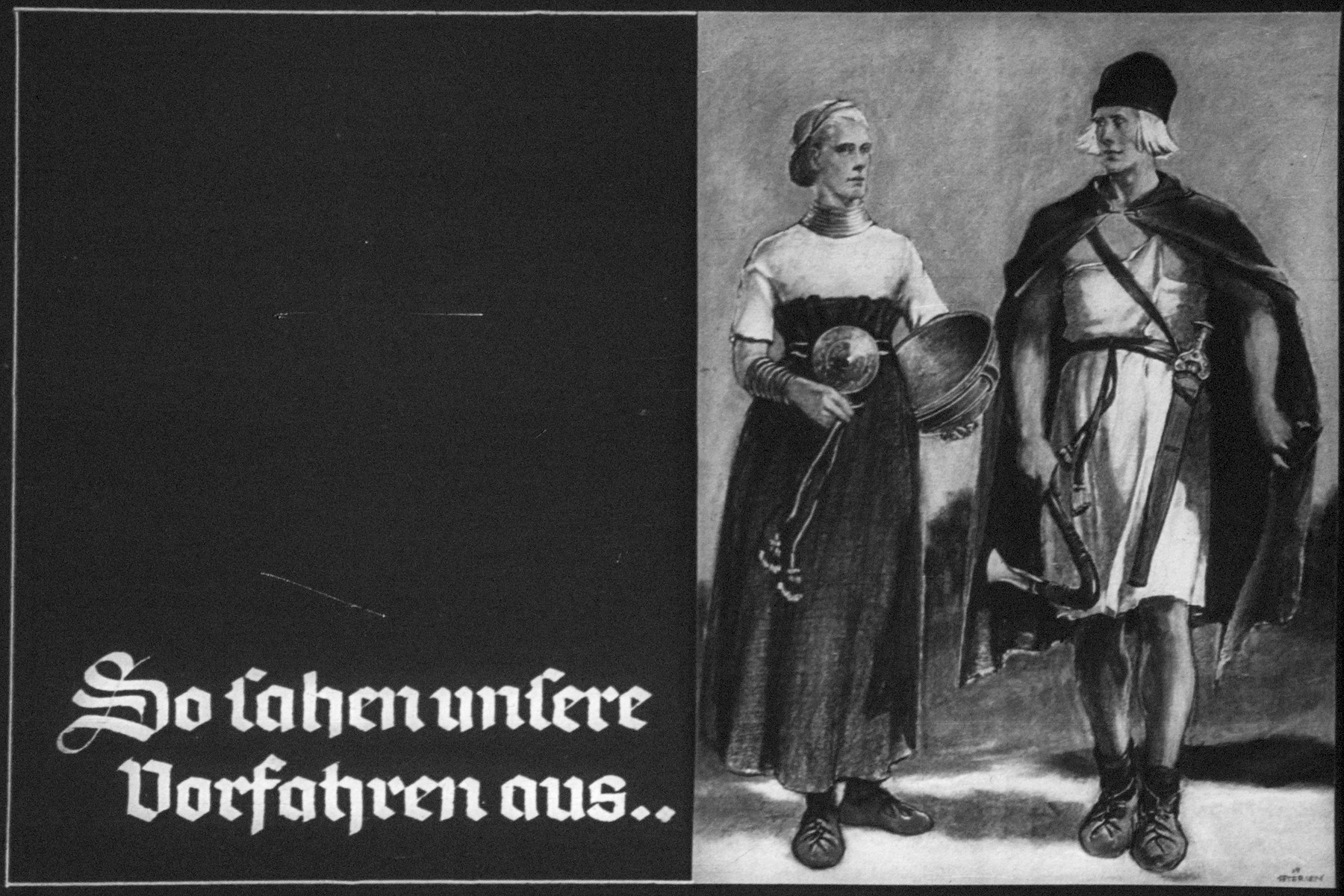 15th Nazi propaganda slide for a Hitler Youth educational presentation entitled "5000 years of German Culture."
So ashen unsere Vorfahen aus...
//
This is how our ancestors looked...