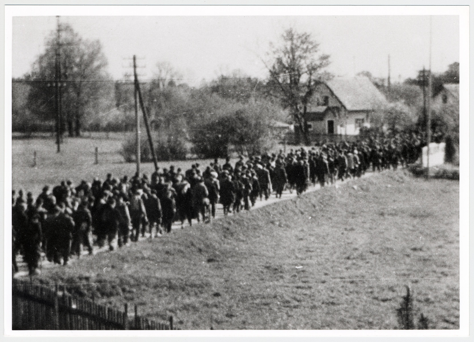 Clandestine photograph of prisoners marching to Dachau.

Maria Seidenberger took the photo from the second story window of her family's home while her mother stood outside and gave potatoes to the prisoners.