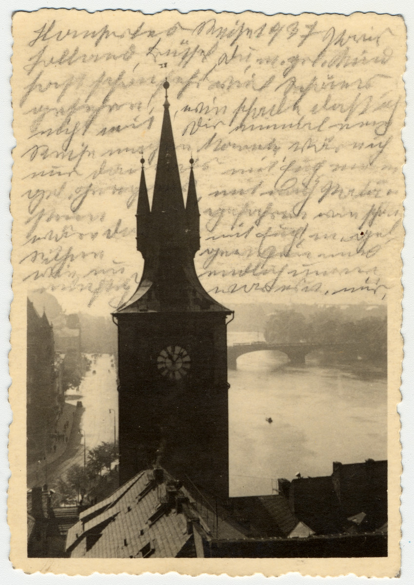 Photograph of the water tower of the Novotneho Lavka [Old Town Mills] in Prague.  

The photograph was sent to Helene Reik who used it as paper for her diary in the Theresienstadt ghetto.