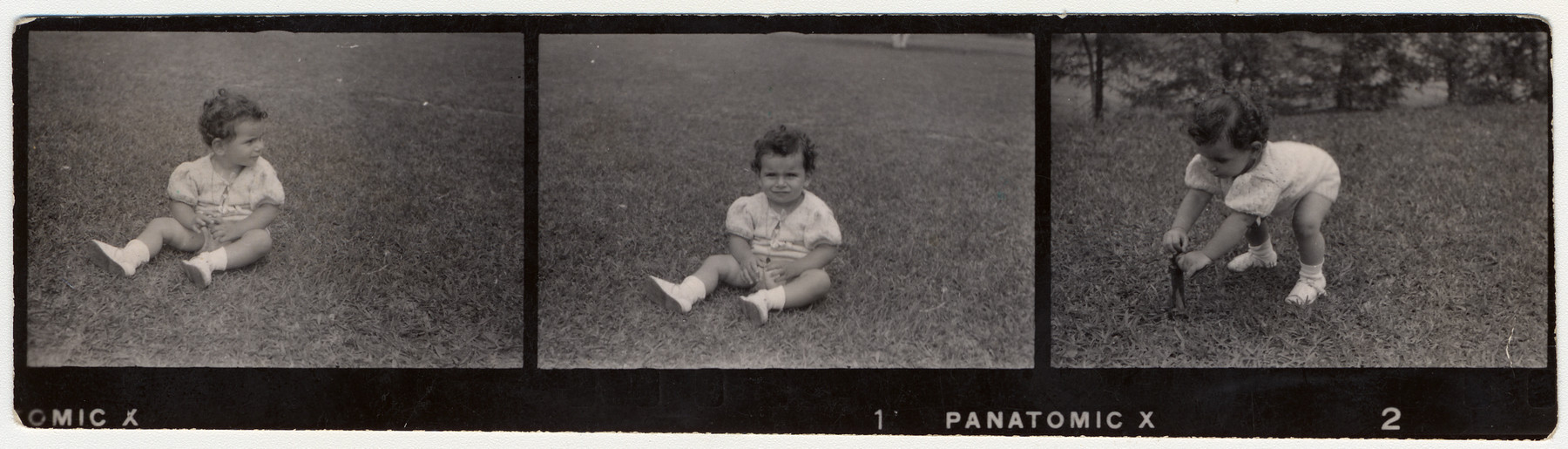 Contact strip representing Margarida Reik (now Margarida Lane Reik de Frankel), the granddaughter of Helene Reik, playing on a field in Teresopolis, Brazil, in April 1940.   

The photograph was sent to Helene Reik who used the back as paper for her diary in the Theresienstadt ghetto.