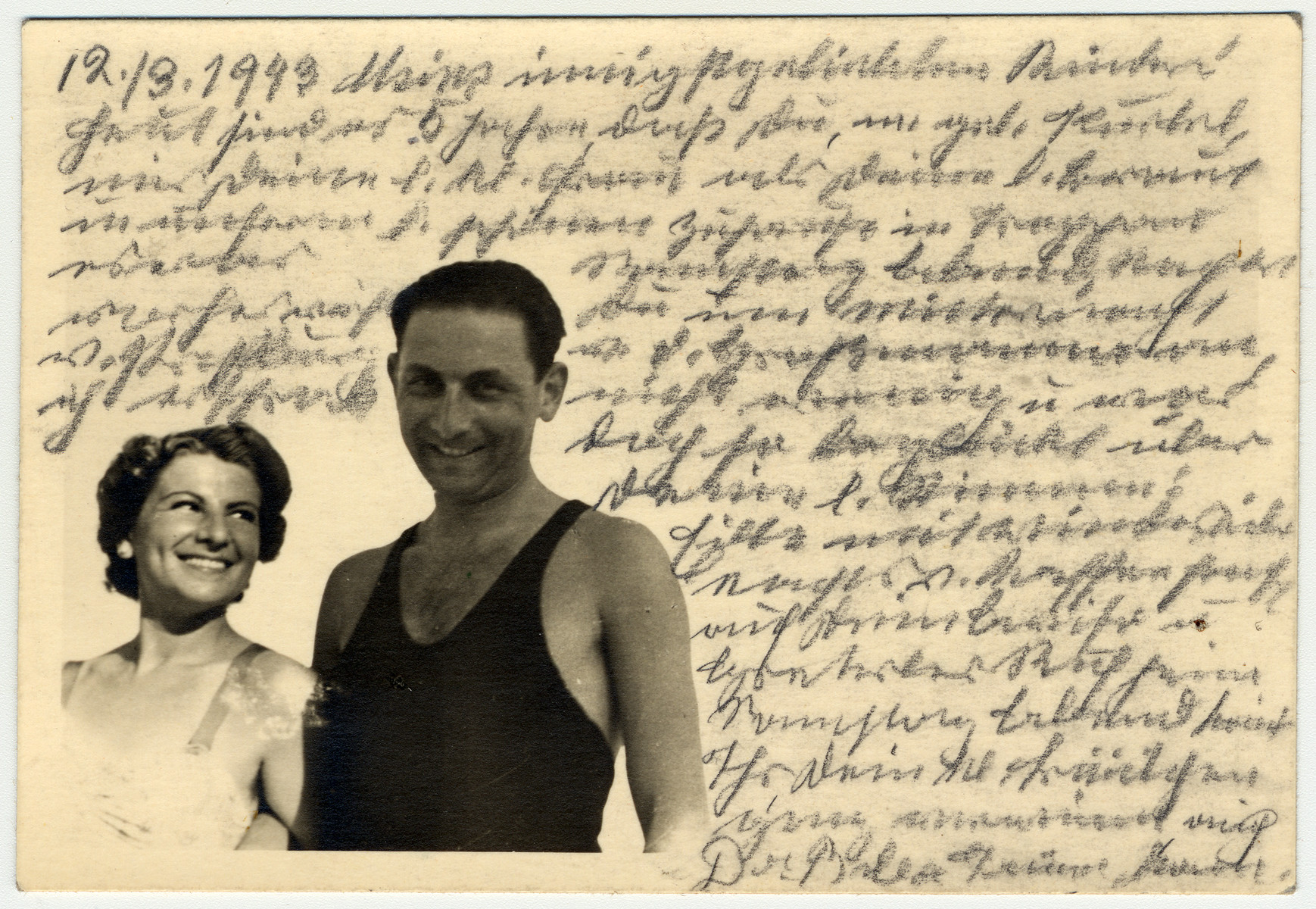 Photograph representing Kurt, Helene Reik's son, and his wife, on vacation in April/Mai 1938 in Kupari, Croatia.  

The photograph was sent to Helene Reik who used it as paper for her diary in the Theresienstadt ghetto.