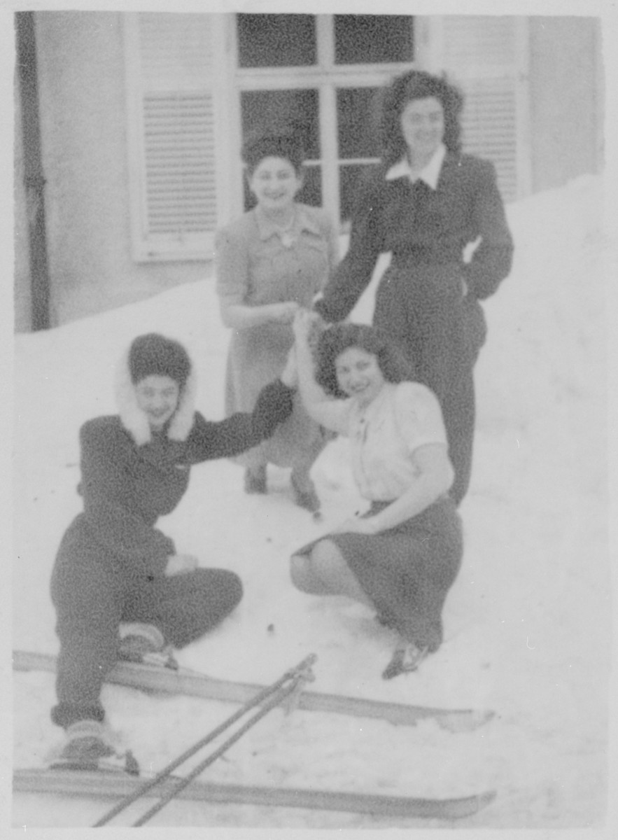 Four women pose outside in the snow in the Feldafing displaced persons camp.

From left to right, from top are Magda and Vicki Herskovits.  Front row: Katya and Gizelle Hersh.