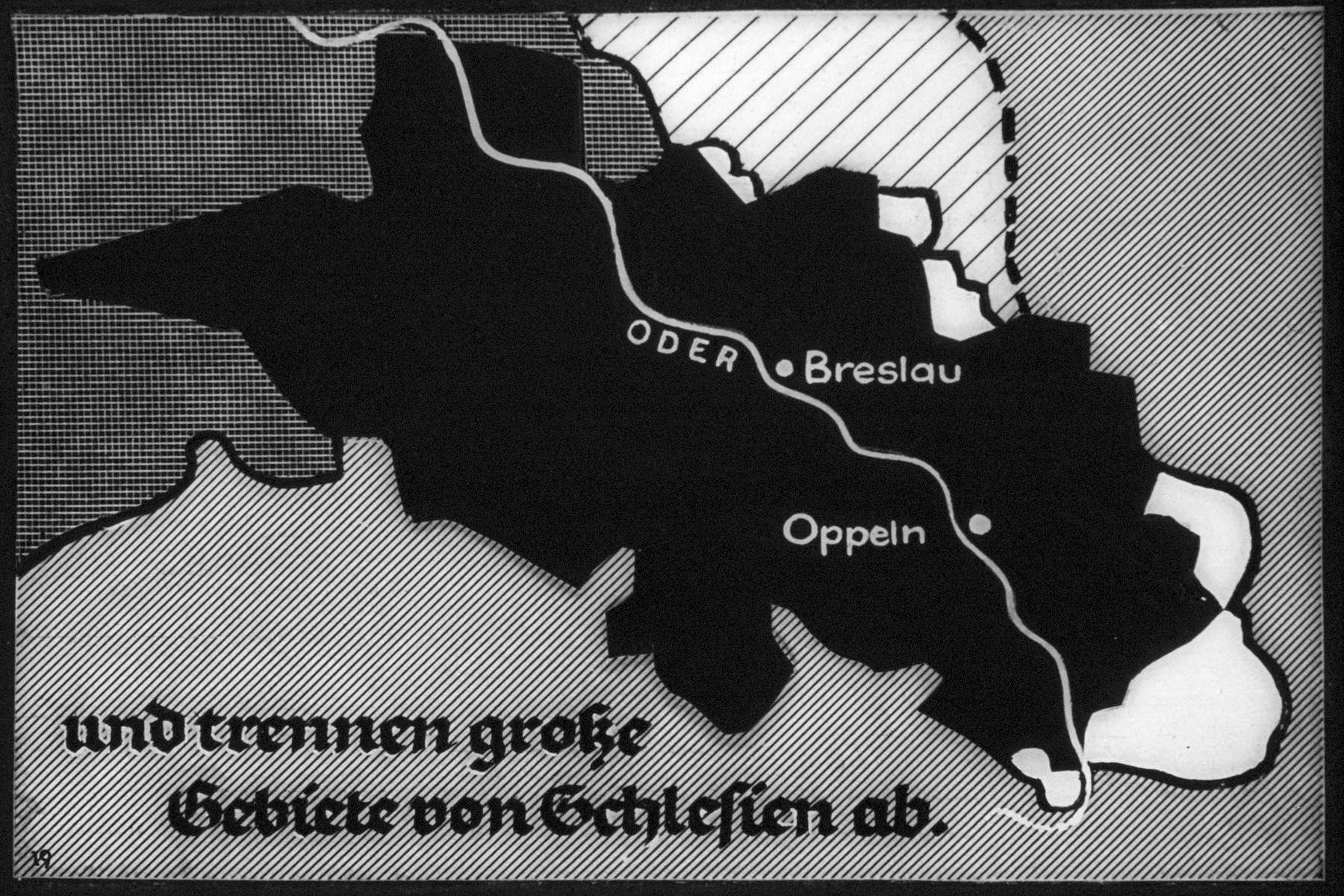 20th Nazi propaganda slide from Hitler Youth educational material titled "Border Land Upper Silesia."

und trennen grosse Gebiete von Schlesien ab.
//
and separate large areas of Silesia.