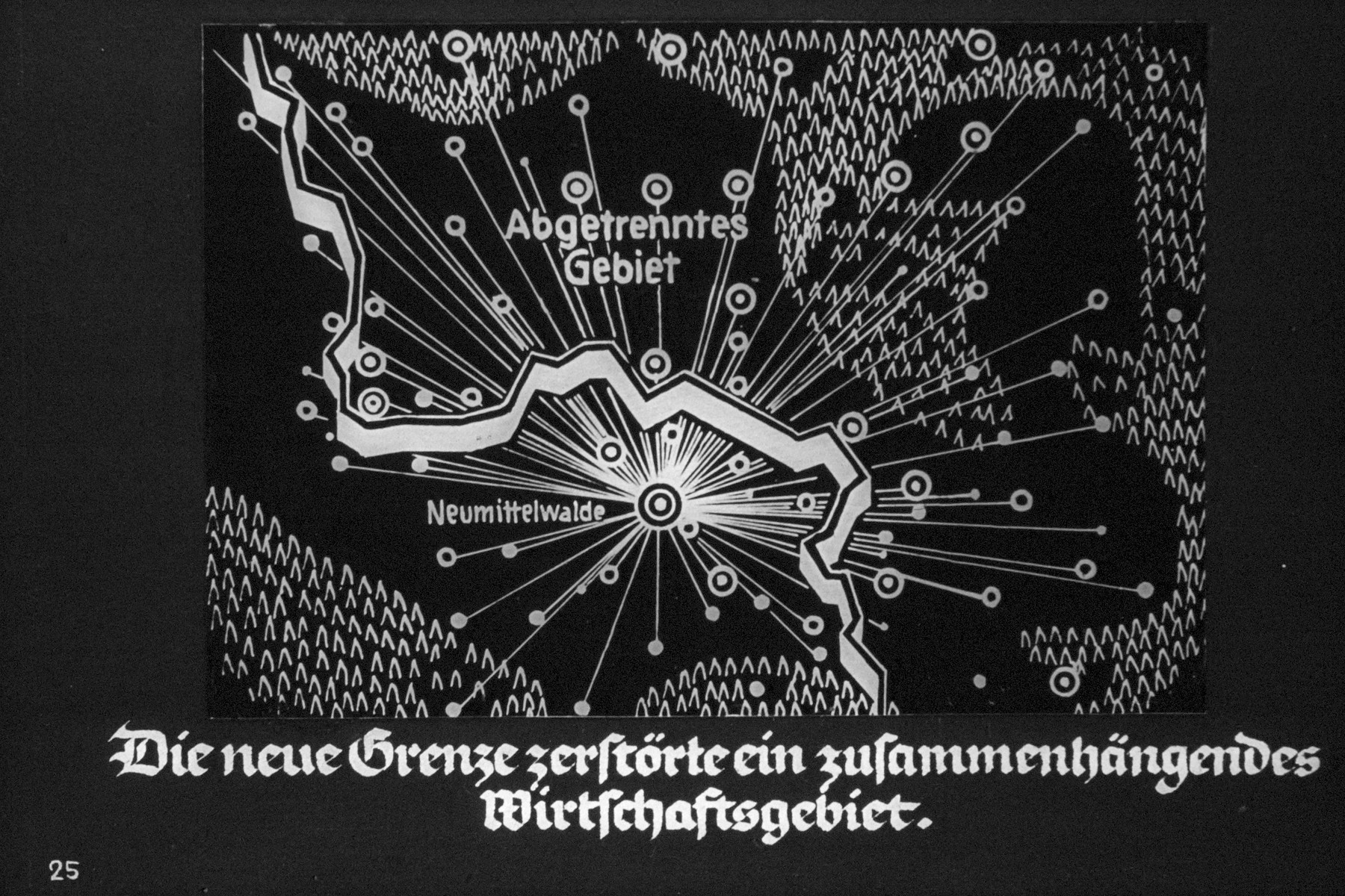 26th Nazi propaganda slide from Hitler Youth educational material titled "Border Land Upper Silesia."

Die neue Grenze zerstörte ein zusammenhängendes Wirtschaftsgebiet.
//
The new frontier destroyed a coherent economic territory.