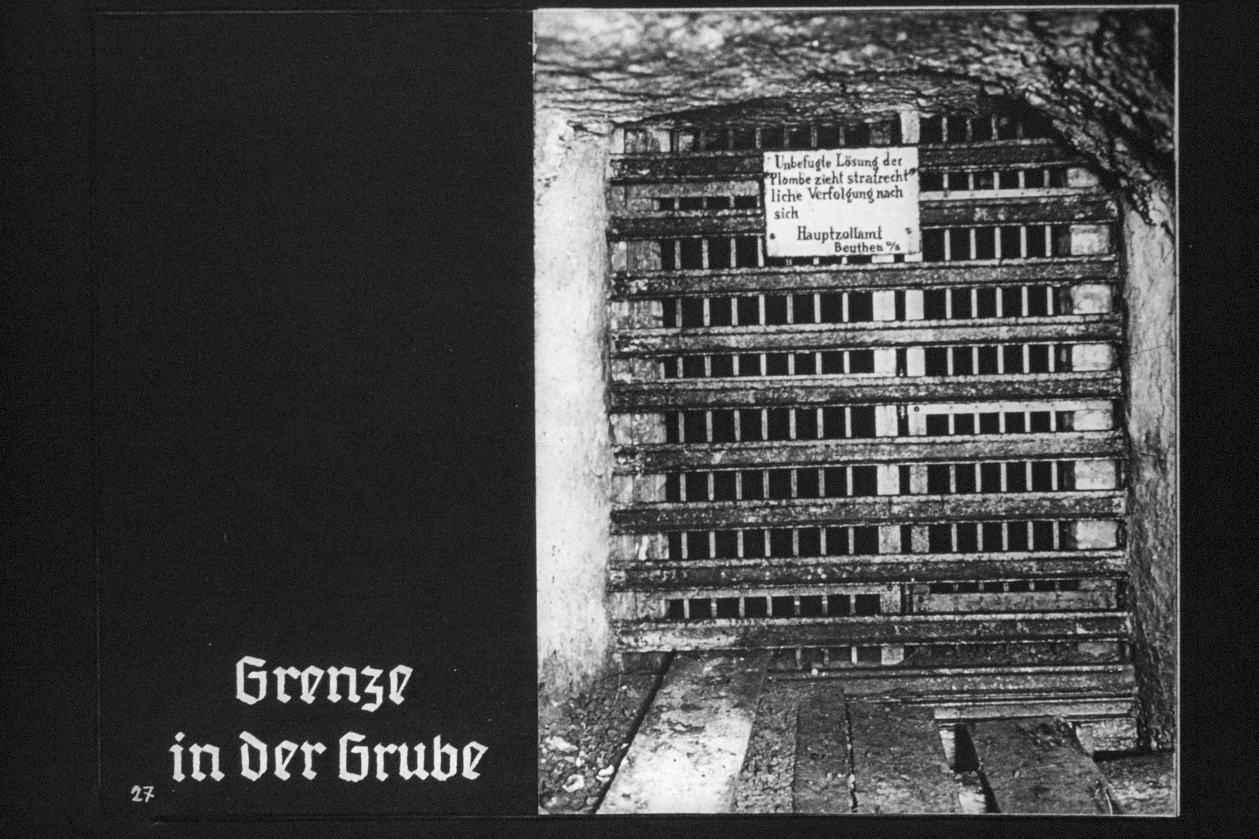 28th Nazi propaganda slide from Hitler Youth educational material titled "Border Land Upper Silesia."

Grenze in der Grube
//
Border inside the mine