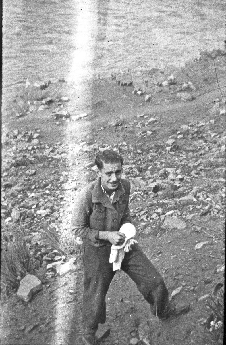 Portrait of Sami Dorra working at dam construction in the Im Fout labor camp.