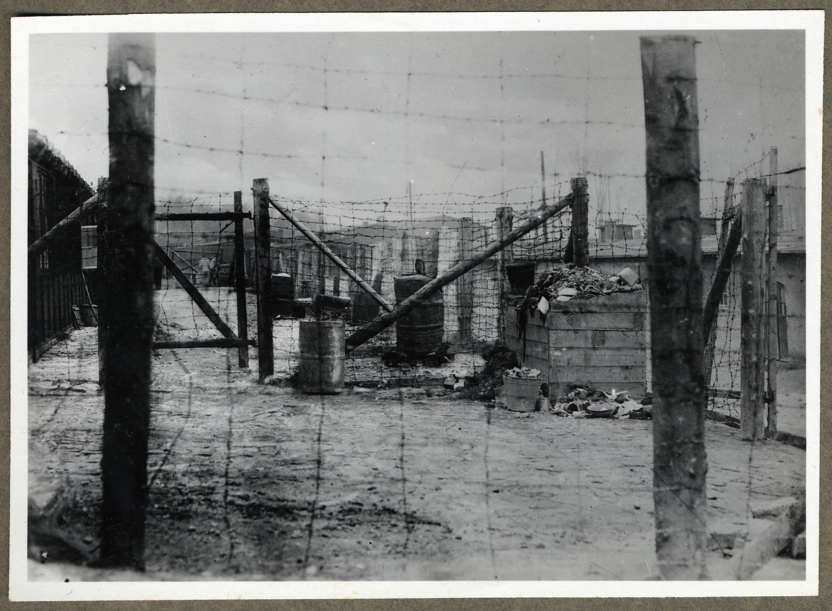 View of the barbed wire fence surrounding the Buchenwald concentration camp.