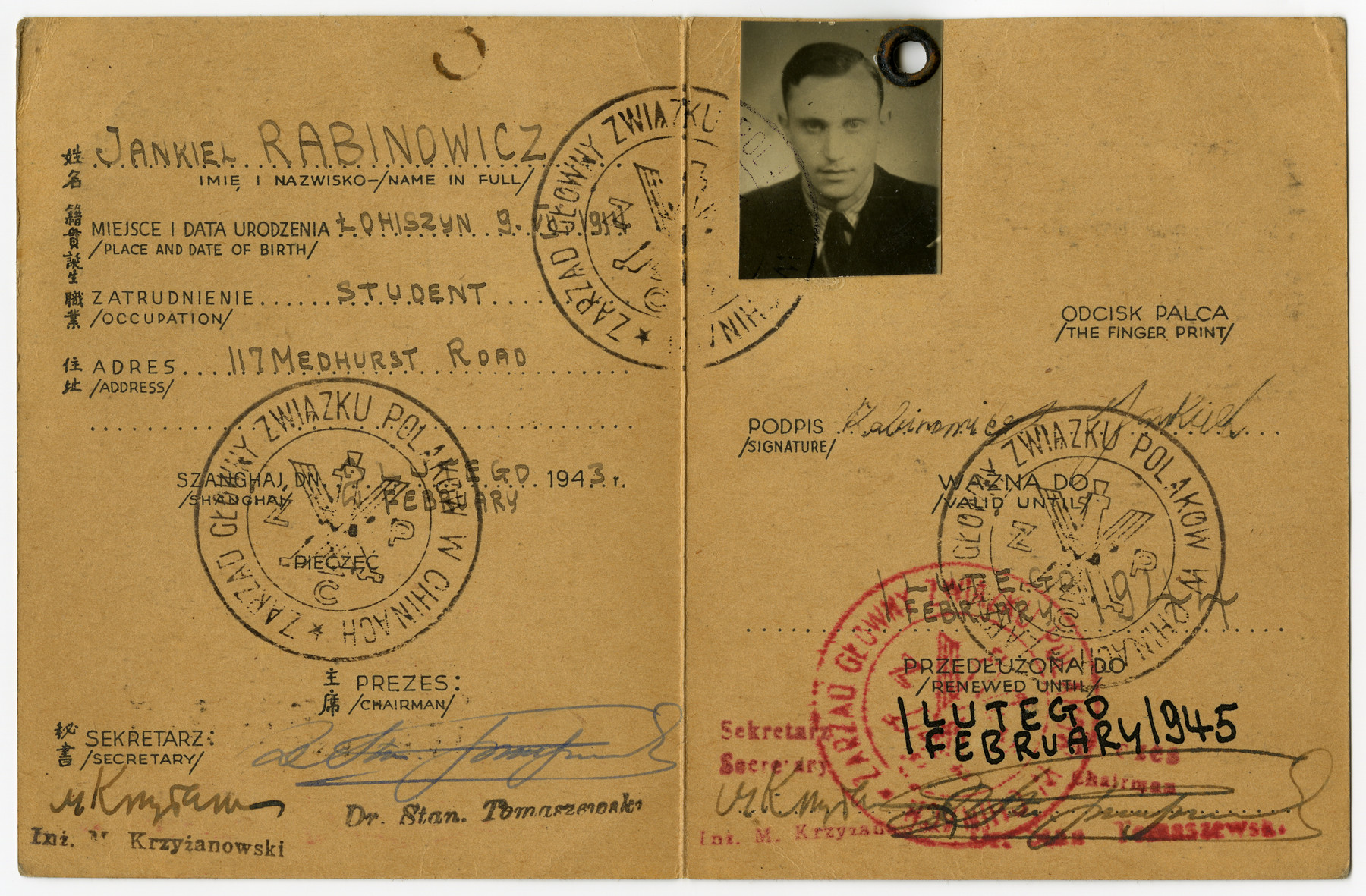 Identification card of the Polish Residents Association in China issued to Jankiel Rabinowicz.