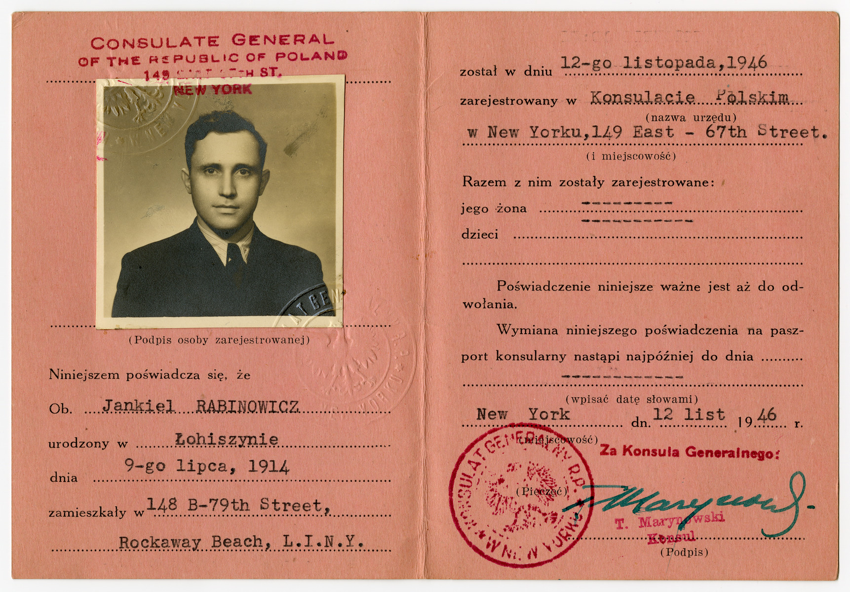 Identification card issued by the Consulate General of the Republic of Poland to Jankiel Rabinowicz, a recent immigrant to the United States.