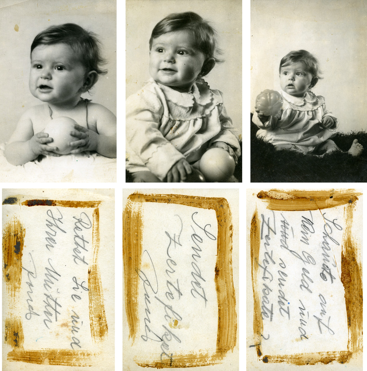 Studio portraits of baby Gerta Eckstein which were made to send to relatives in Palestine.

Underneath each picture is a note her father wrote begging someone to save her life by sending certificates.