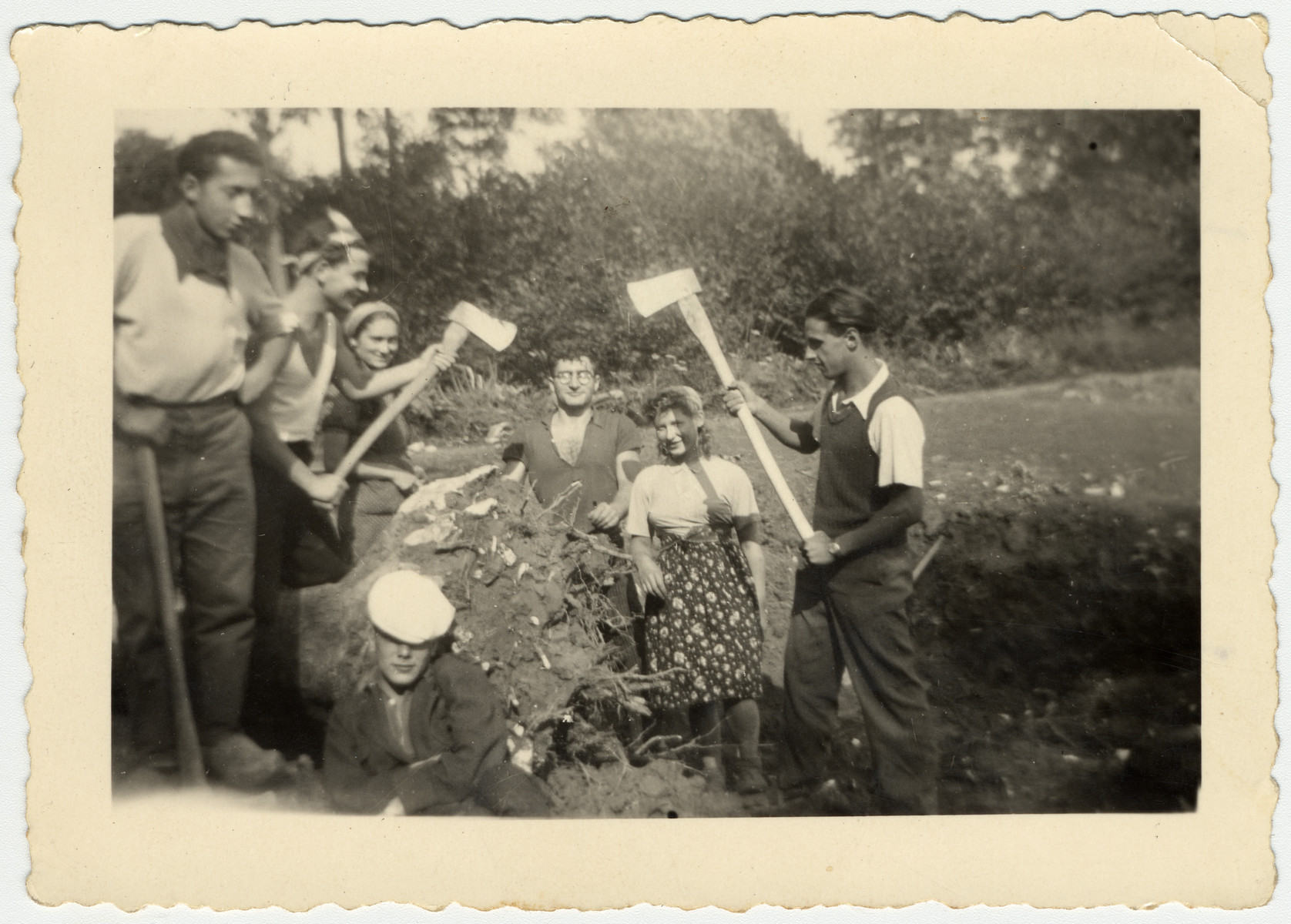 Belgian Jewish youth chop down a tree in the La Ramee agricultural school.

The school was established after Jewish students were expelled from general schools  and directed by Haroun Tazieff.