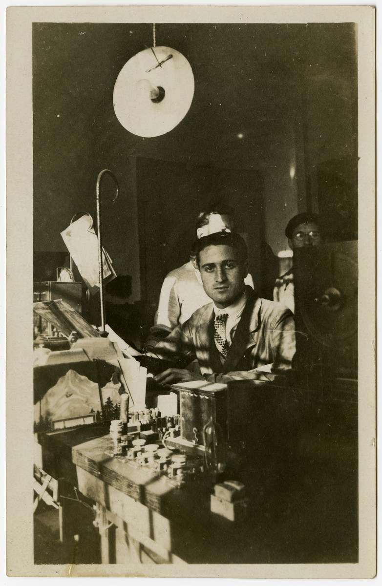 Albert Benichou, a French Jew from Algeria, operates a telegraph machine called a Baudot, while serving in the French Army's Postal Service in Tunis.