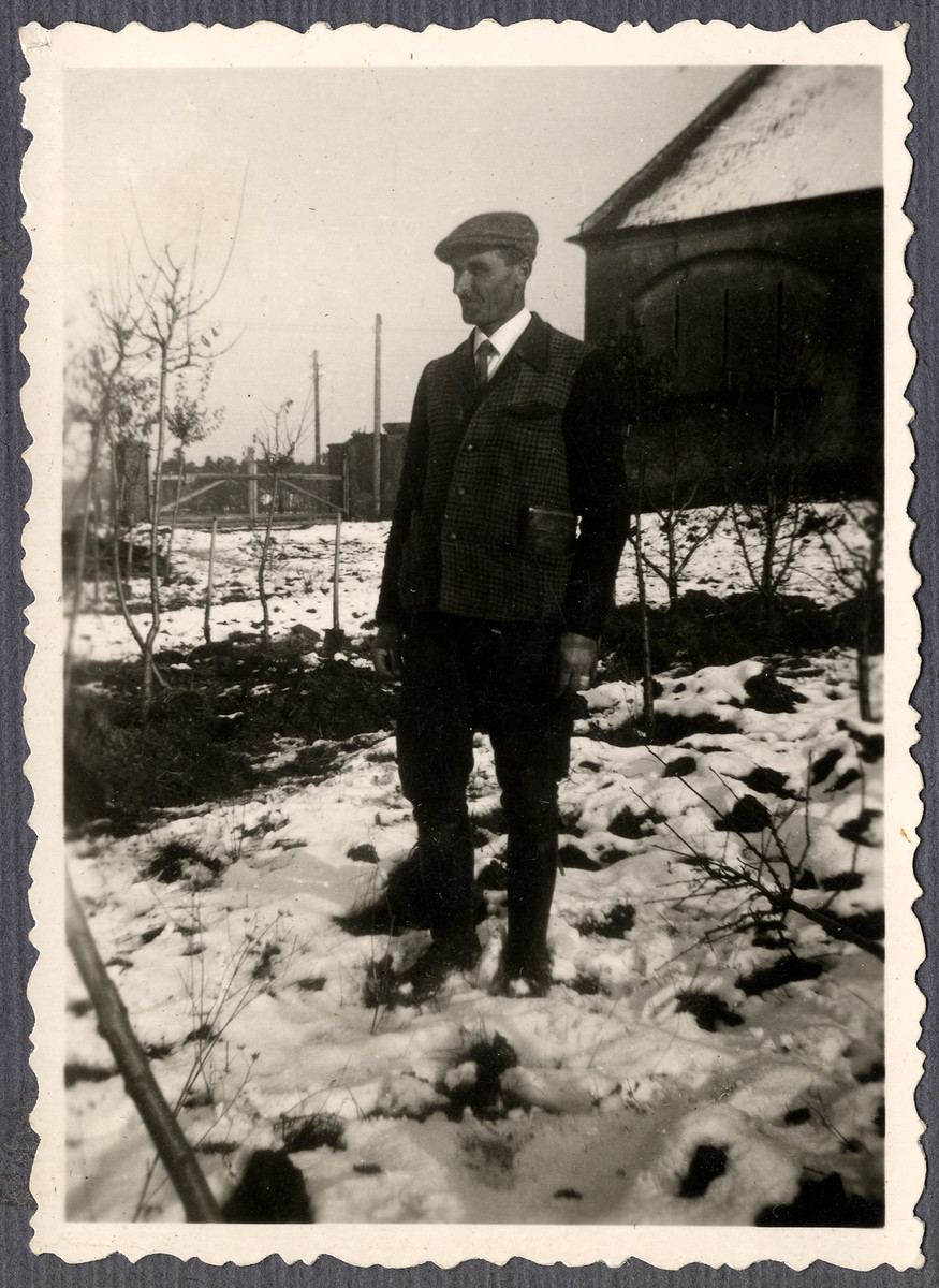 Close-up portrait of one Jewish worker from the Lipa farm labor camp in Cervene Pecky where he was allowed to work for a week in the spring of 1942.