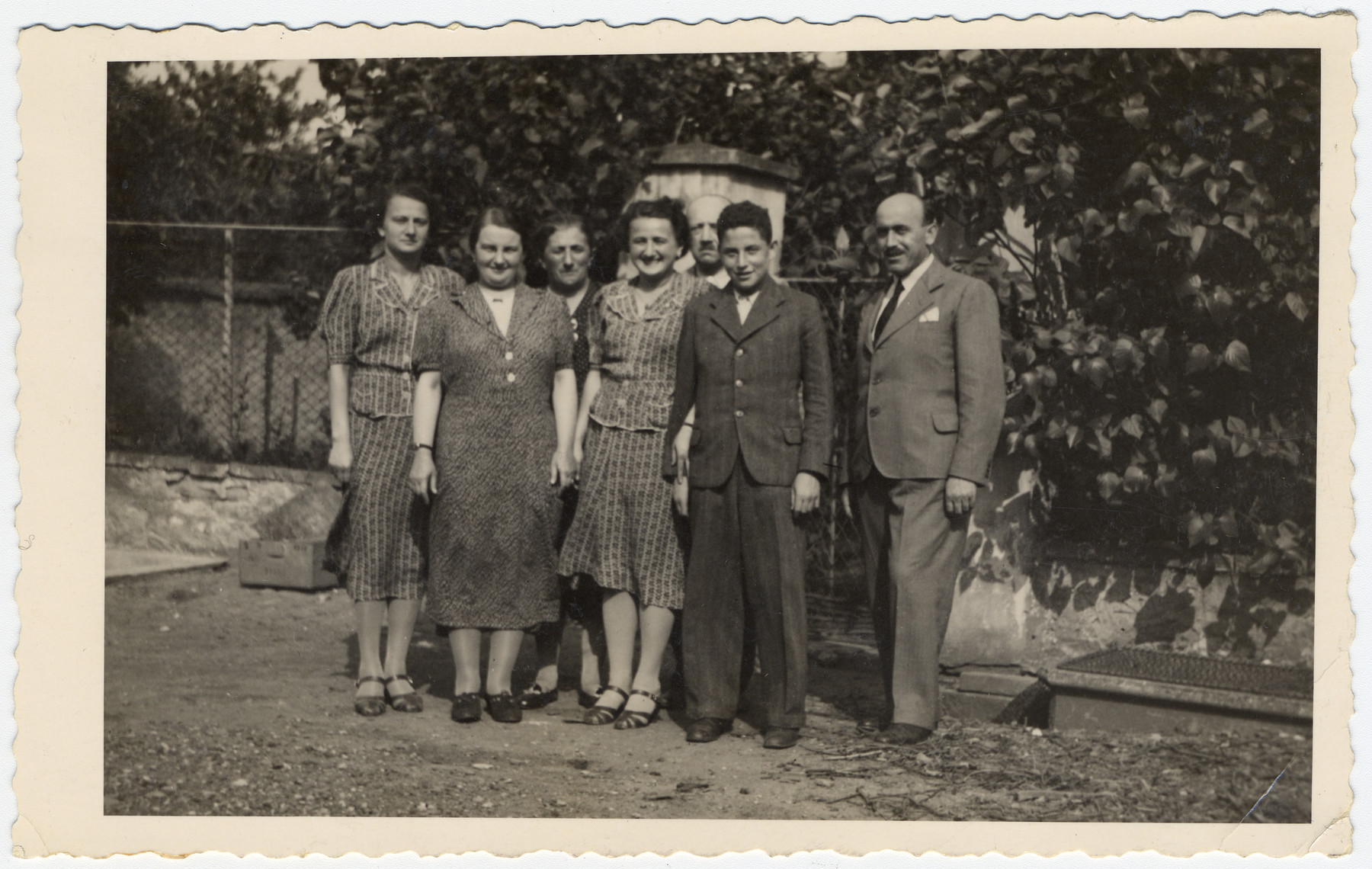 Prewar photograph of the Loewy family in Czechoslovakia and sent to Marianne (Mimi) Loewy in the United States.

Pictured are Irma Treichlinger, Irena Loewy, her cousin Pepa Lorenc and Max Treichlinger (Irma's brother-in-law).  Behind them are Magda Lowey and her parents Guste and Julius Loewy.