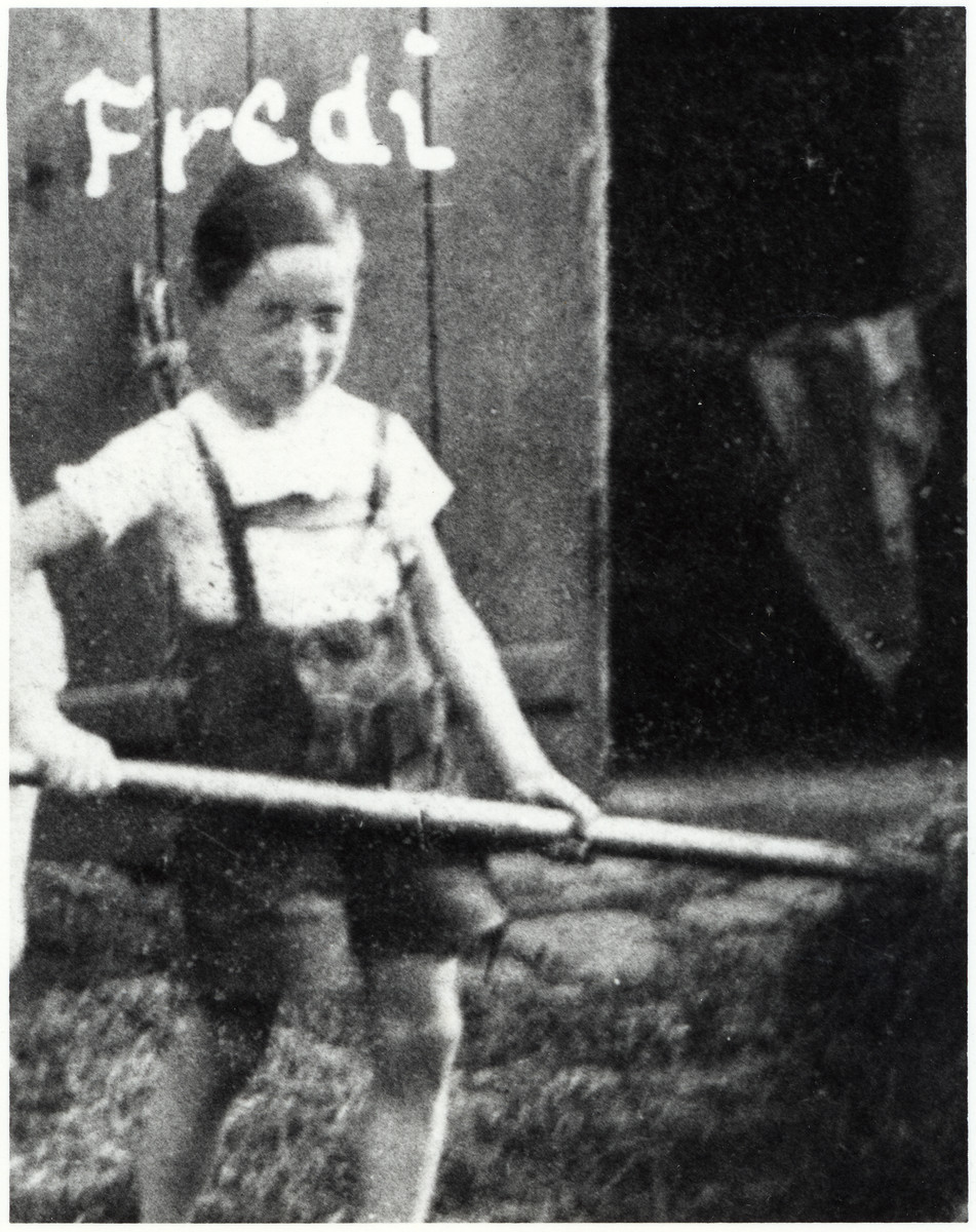 Freddie Traum, an Austrian Jewish boy, pitches hay.

The original captions reads "Me in happier times about 1937 making hay while the sun shines".